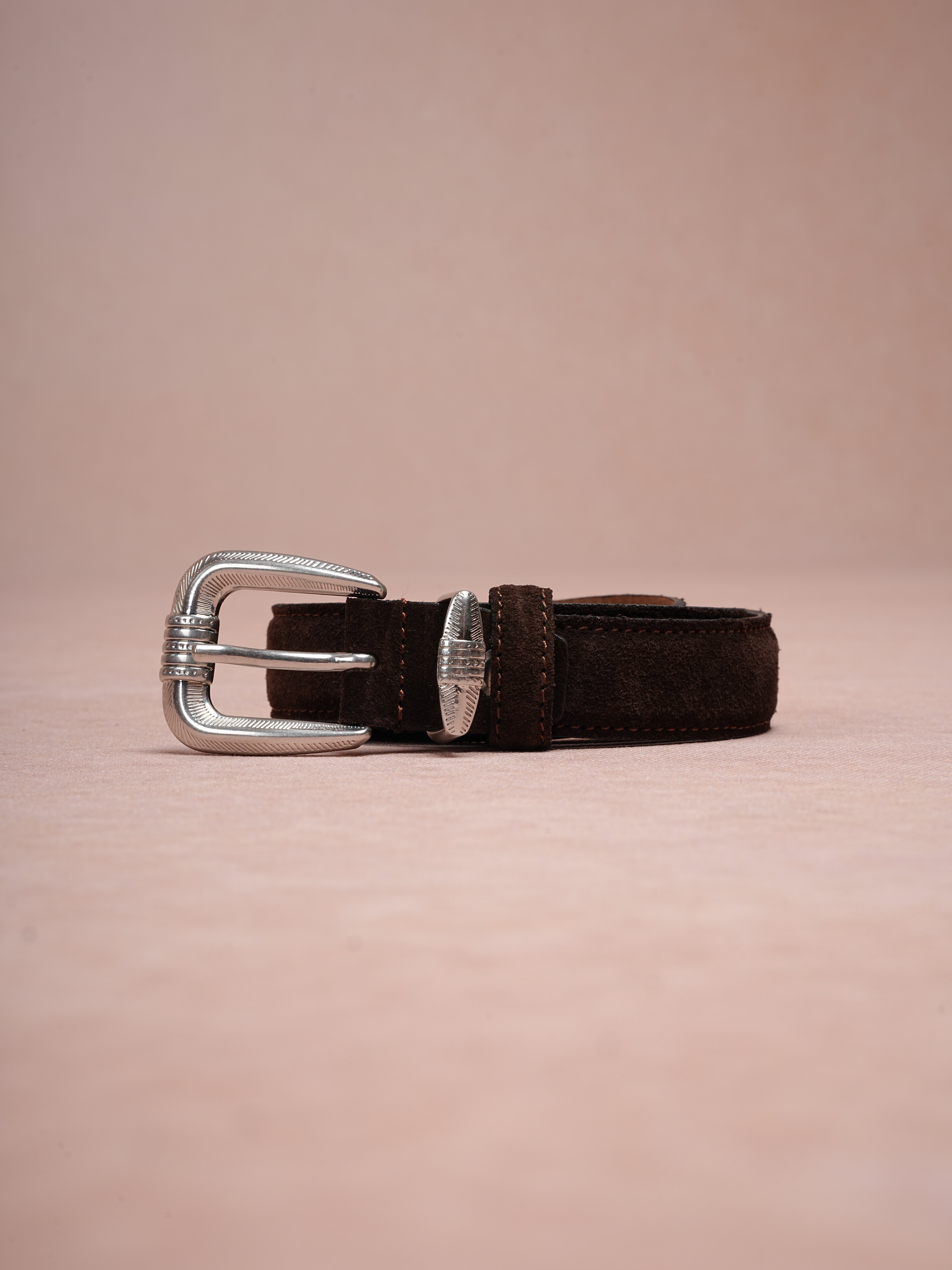 Erkek %100 Hakiki Süet Deri Ince Kalay Kaplama Beyaz Tokalı Kemer 2.5 Cm - Acı Kahve