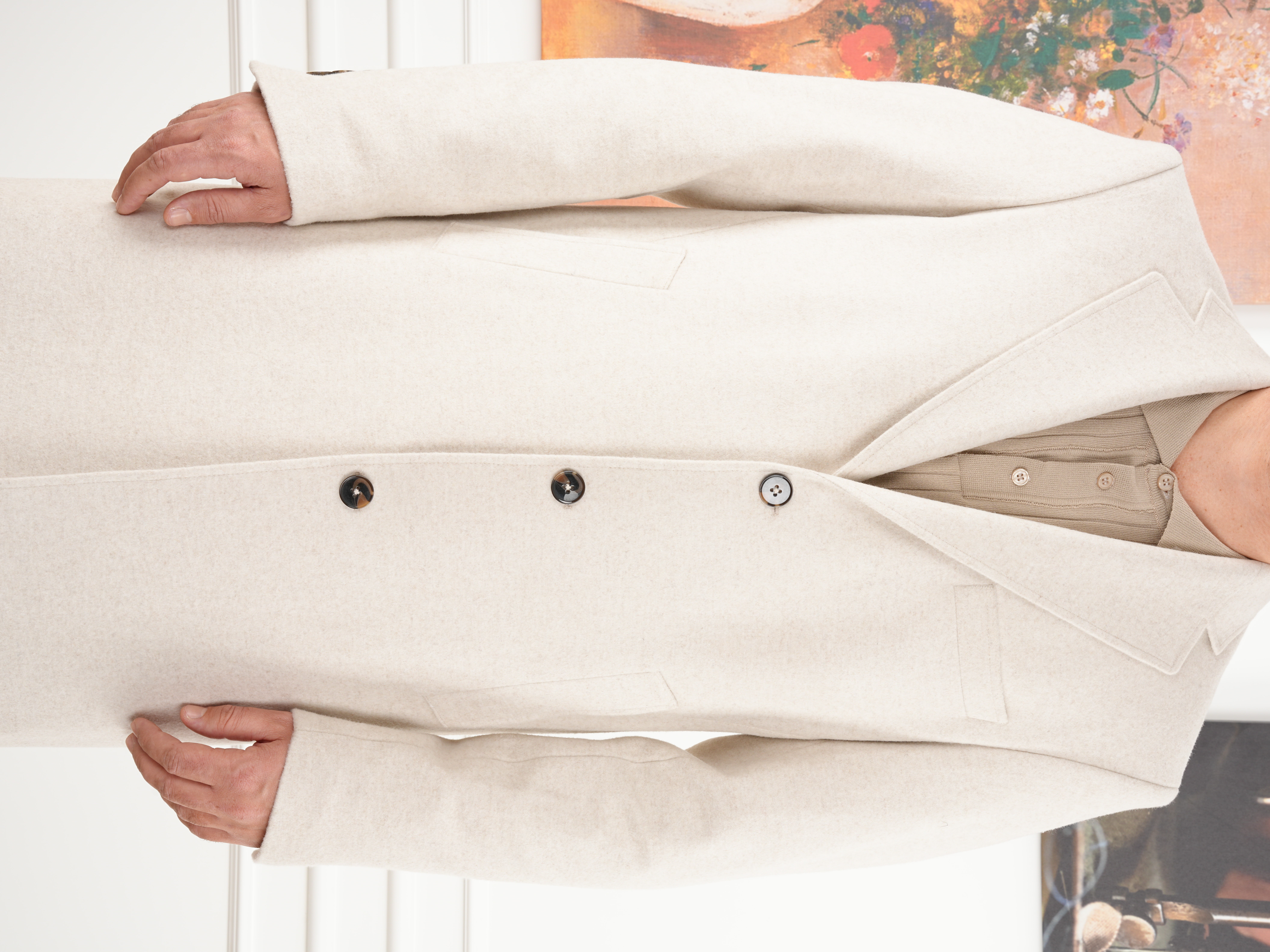 Erkek Premium İtalyan Stil Slim Fit Mono Yaka Kaşe Kaban - Bej