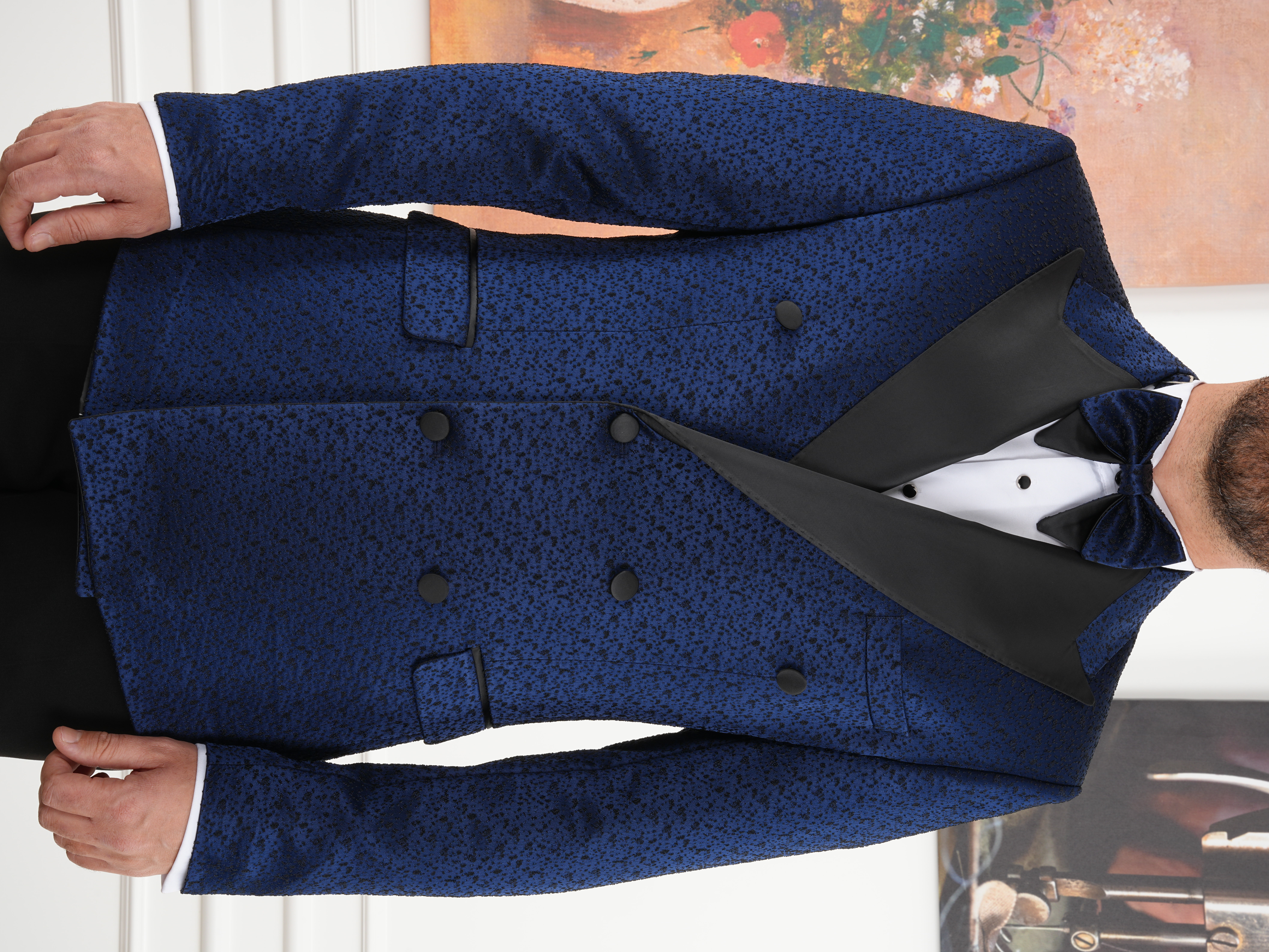 Erkek Slim Fit İtalyan Stil Jakar Desenli Damatlık Smokin Ceket Pantolon - Lacivert