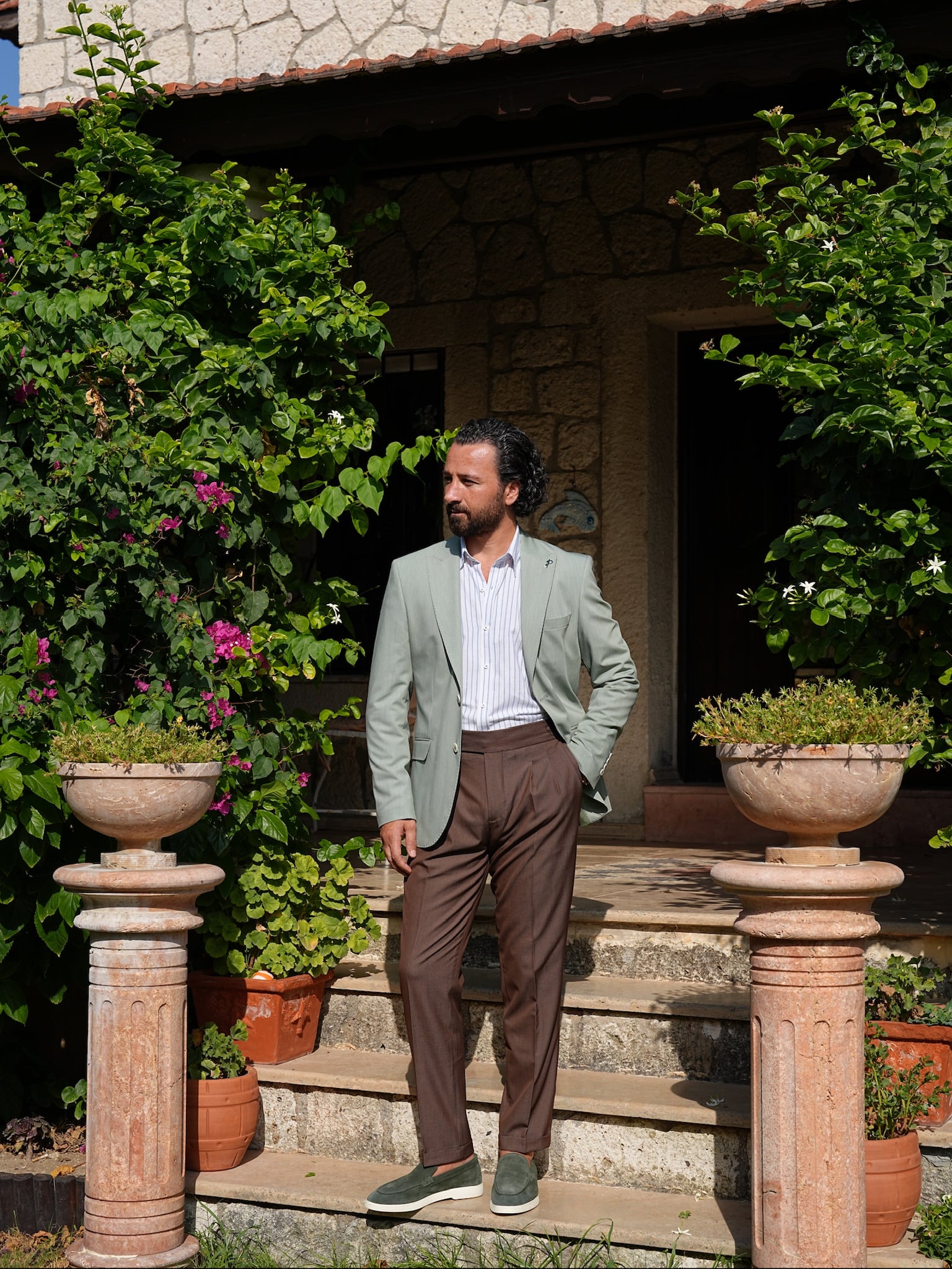 Erkek Premium İtalyan Stil Slim Fit Erkek Punto Dikişli Torba Cepli Yarım Astarlı Ceket - Su Yeşili