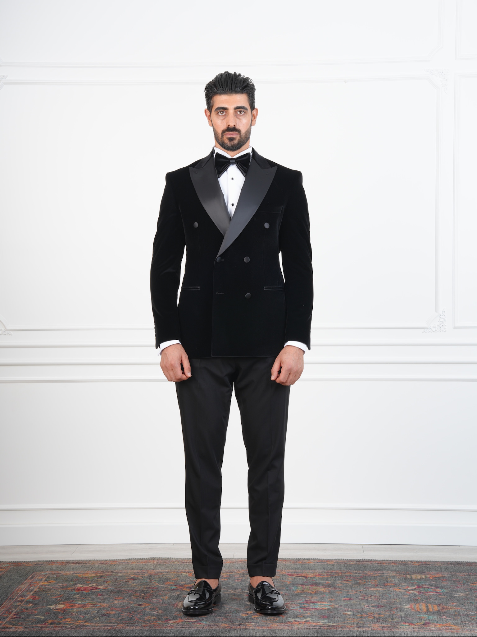 Erkek Premium Kadife Kruvaze Smokin Damatlık İtalyan Stil  Ceket Pantolon Papyon - Siyah