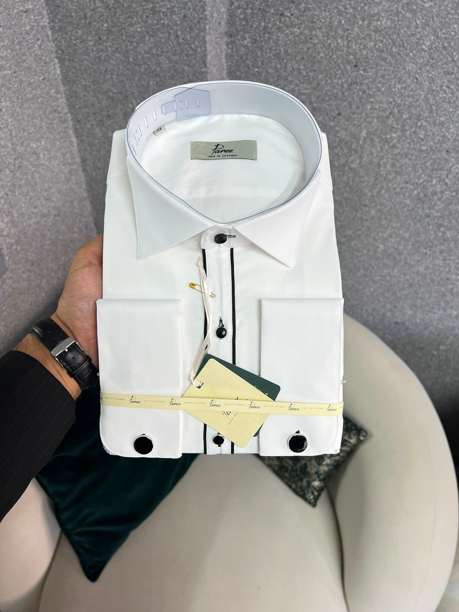 Erkek Premum Siyah Şeritli Slim Fit İtalyan Stil Ata Yaka Gömlek - Ekru