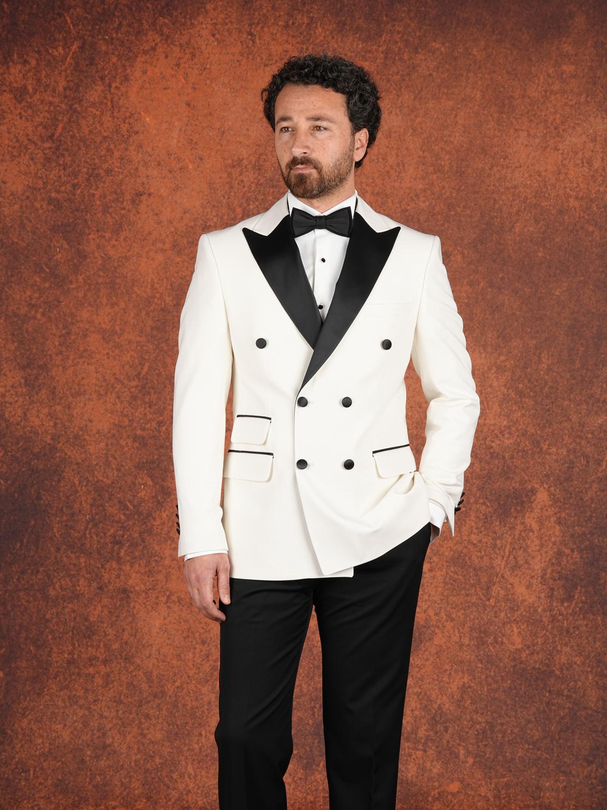 Erkek Premium Slim Fit İtalyan Stil  Damatlık Smokin Ceket Pantolon Papyon - Beyaz