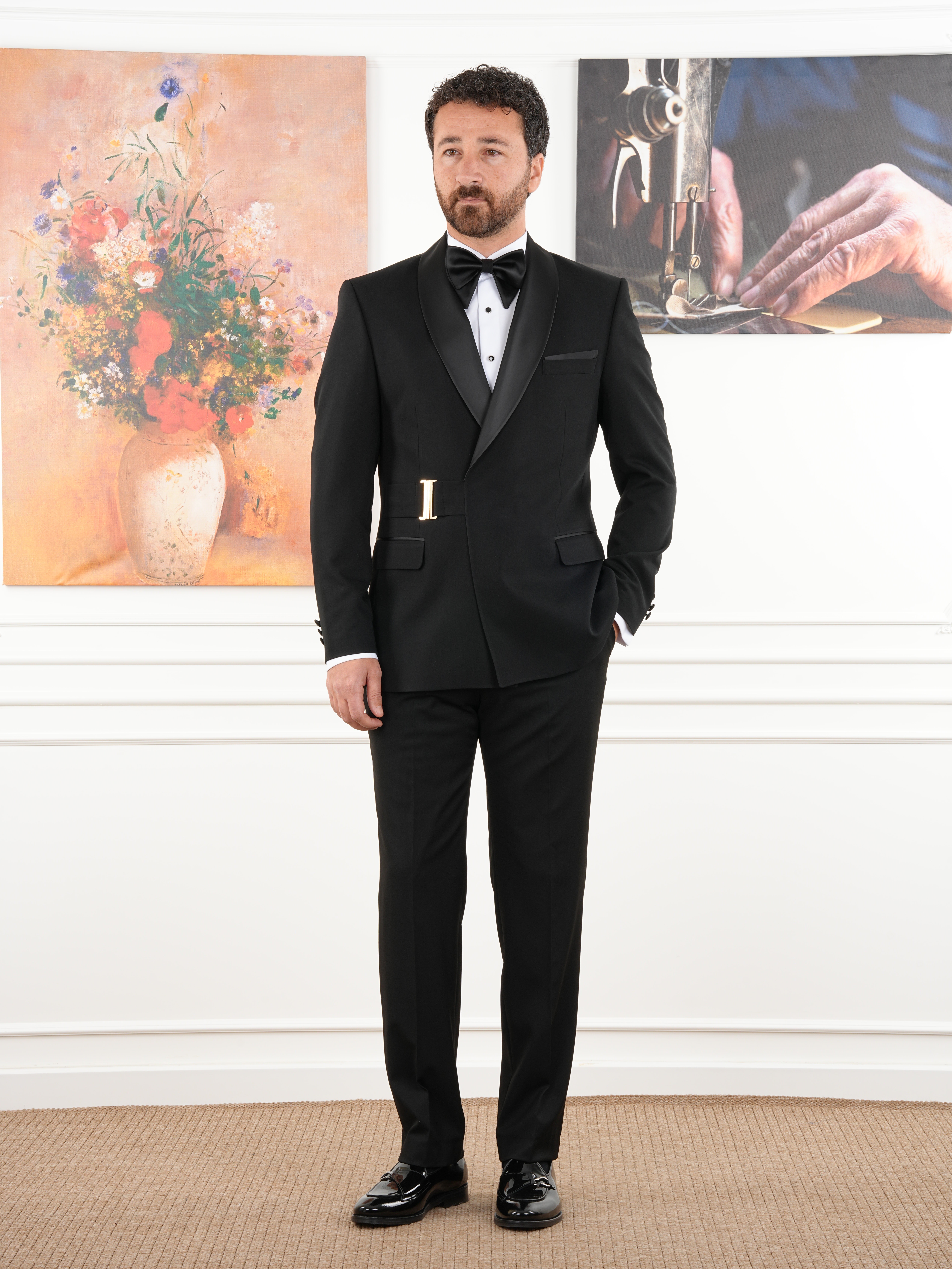 Erkek Kruvaze Tokalı Smokin Damatlık İtalyan Stil Ceket Pantolon Papyon - Siyah