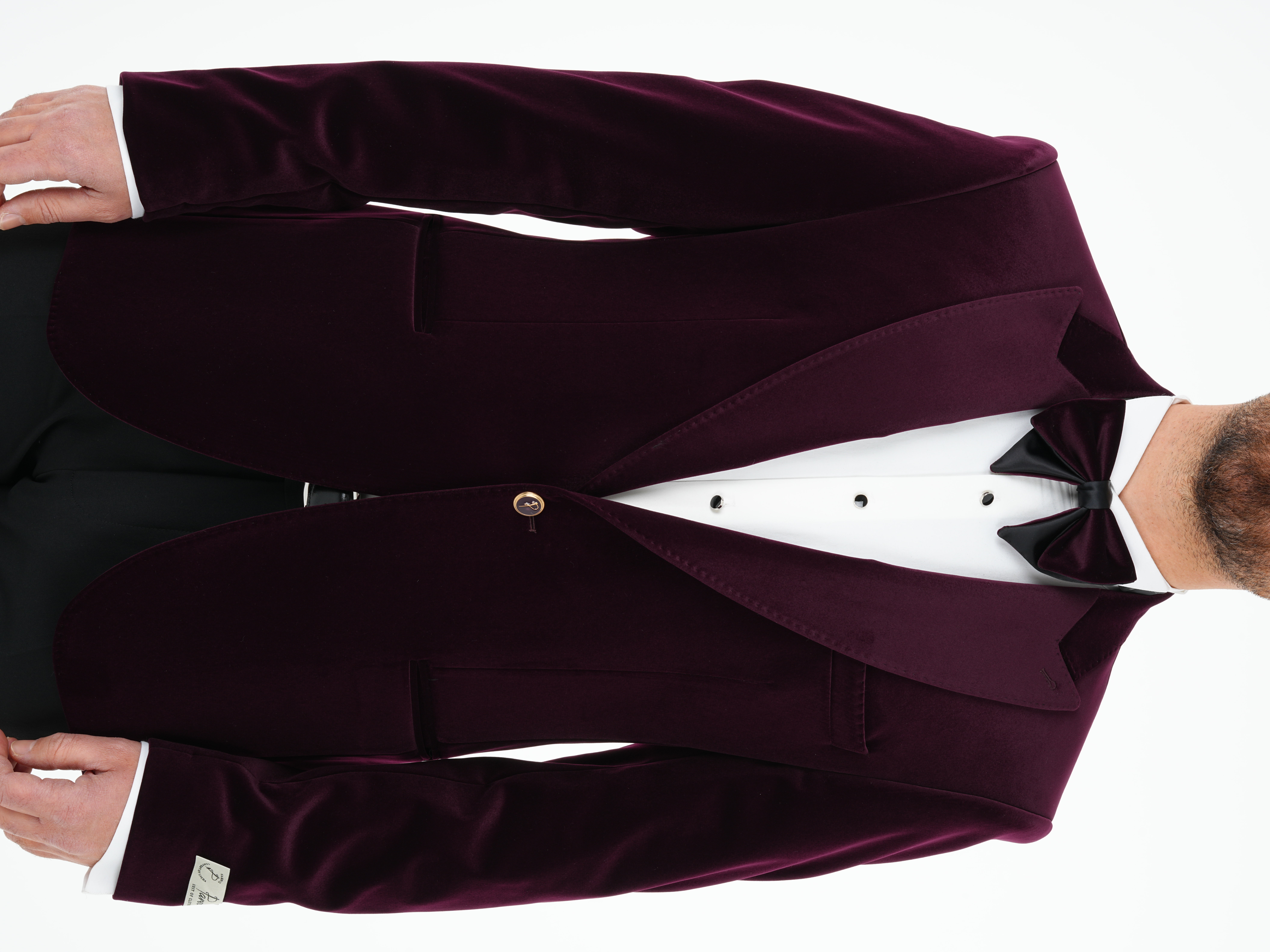 Premium Erkek Kadife Smokin Damatlık Gold Düğme Punto Dikişli Ceket Pantolon Papyon - Mor