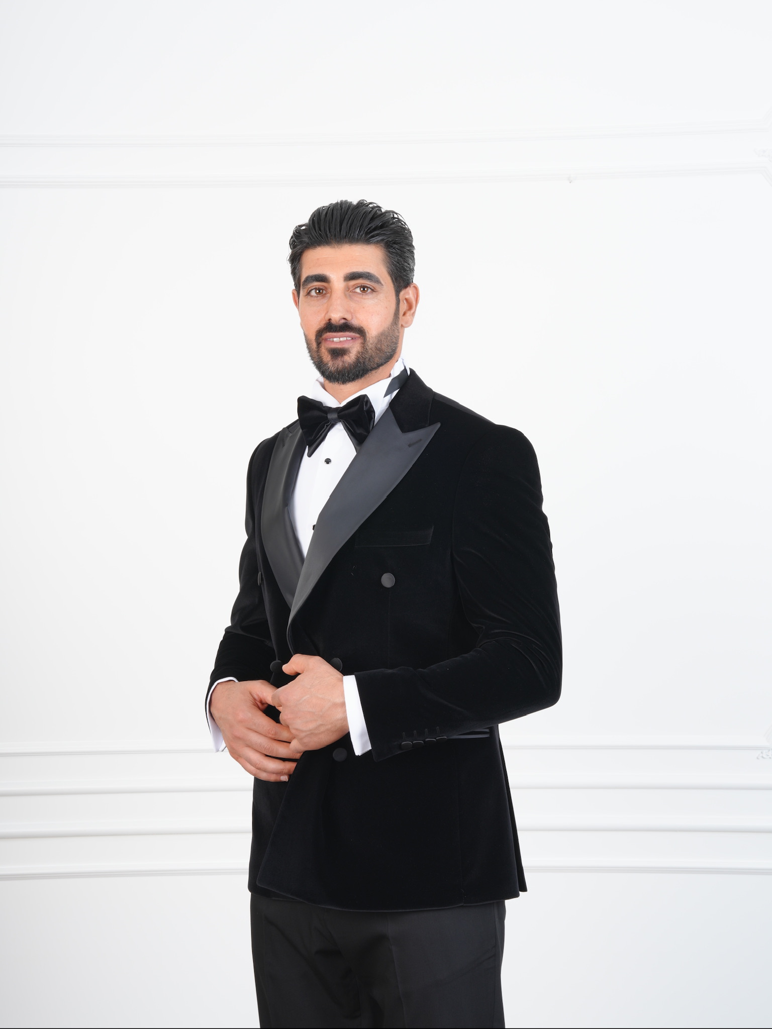 Erkek Premium Kadife Kruvaze Smokin Damatlık İtalyan Stil  Ceket Pantolon Papyon - Siyah