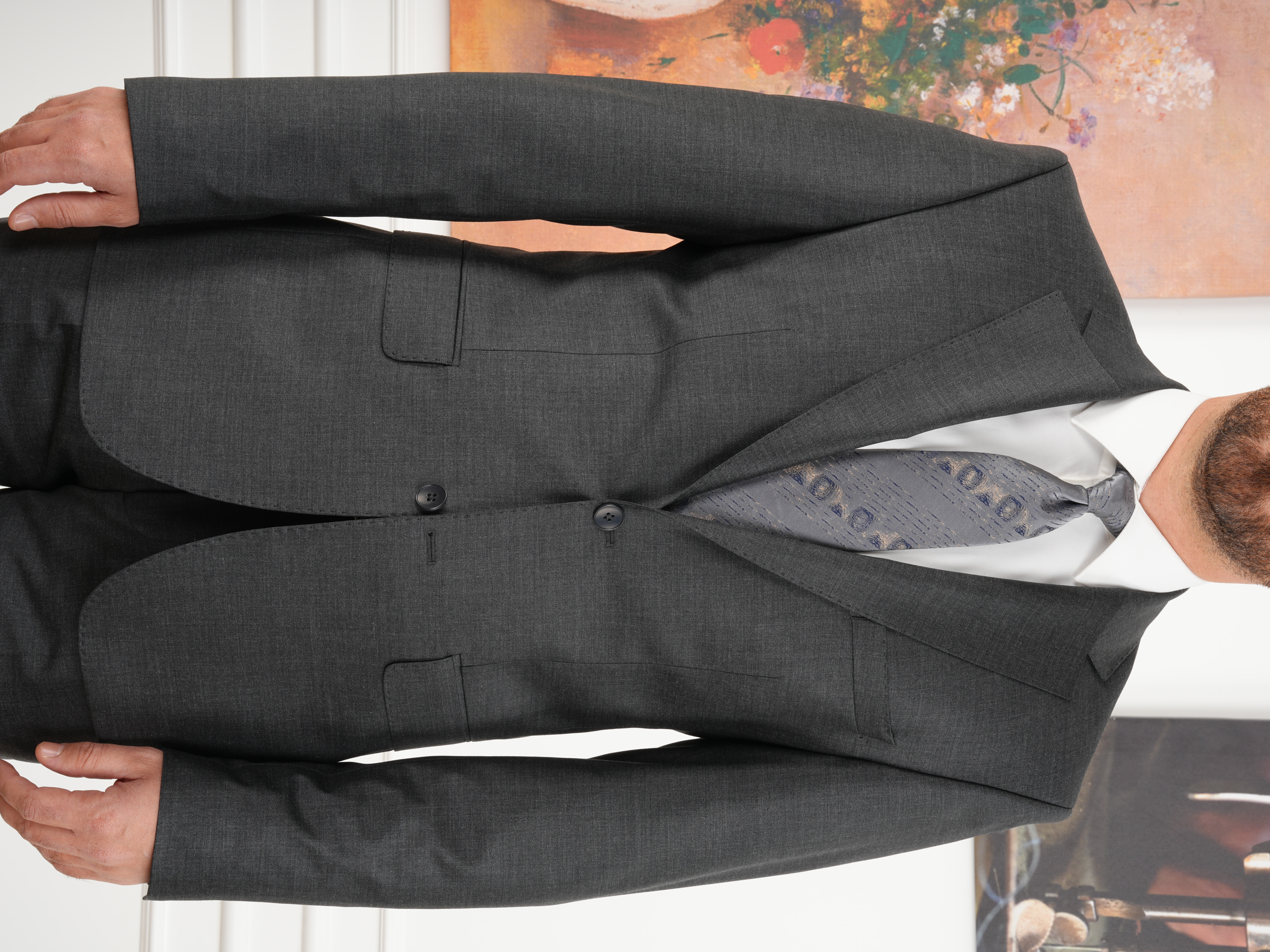 Erkek Regular İtalyan Stil Yünlü Mono Yaka Takım Elbise Ceket Pantolon - Antrasit