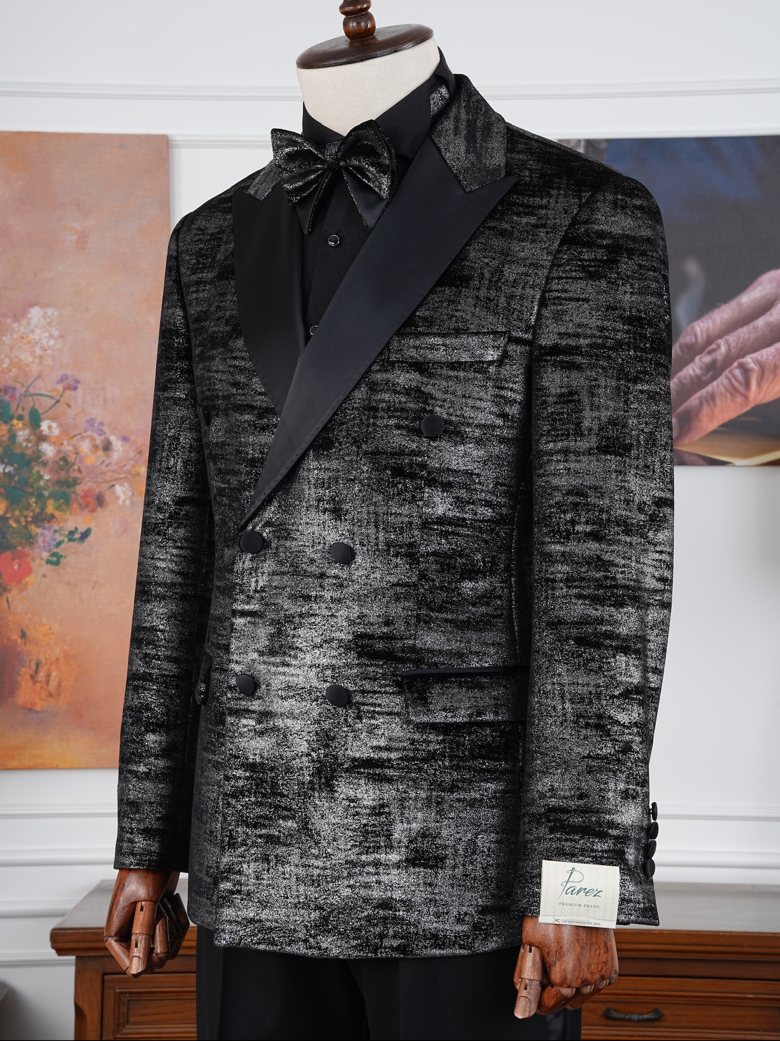 Premium Erkek Slim Fit İtalyan Stil Desenli Kruvaze Smokin Damatlık - Siyah