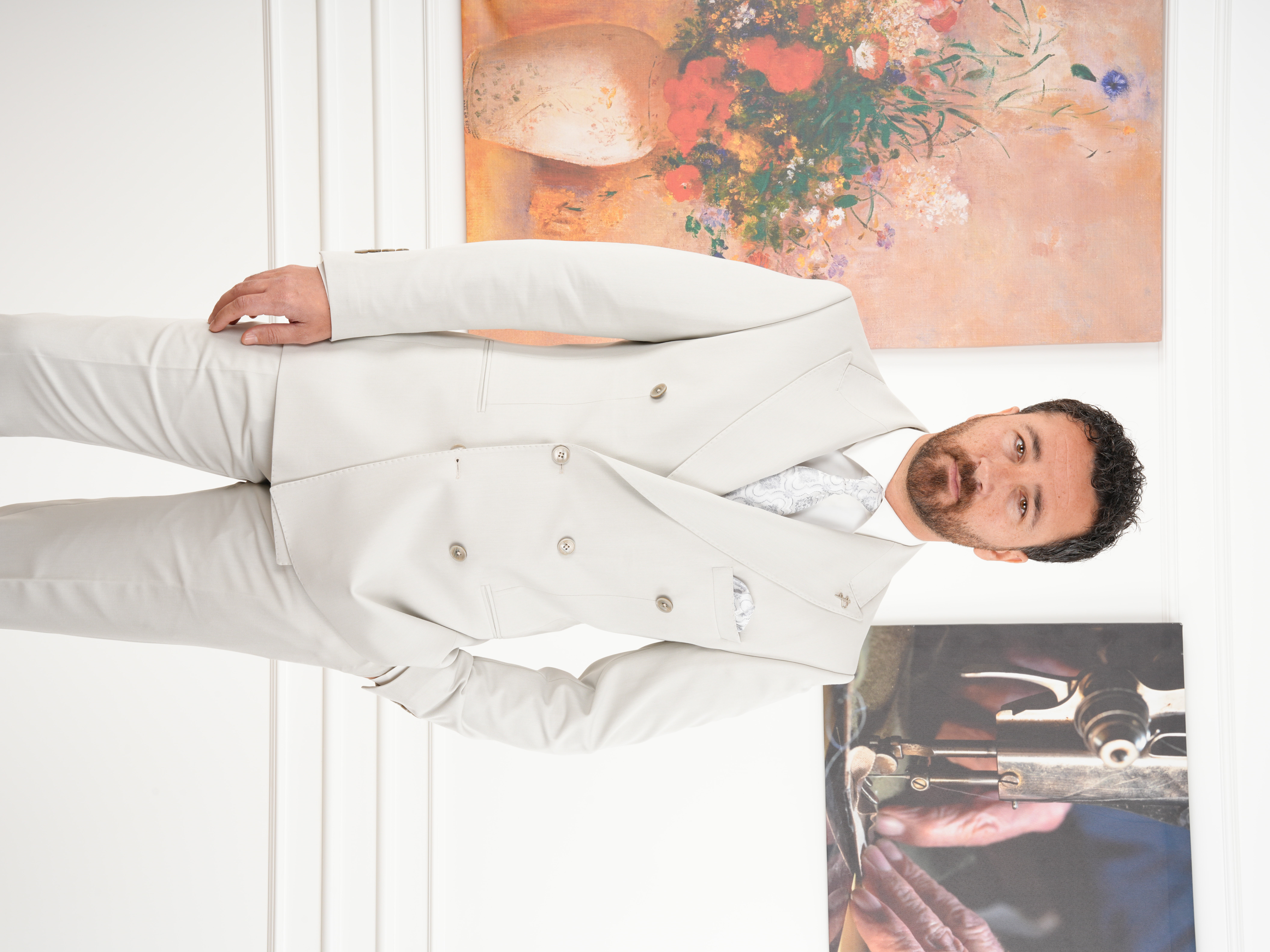 Erkek Slim Fit İtalyan Stil Kruvaze Takım Elbise Ceket Pantolon - Taş