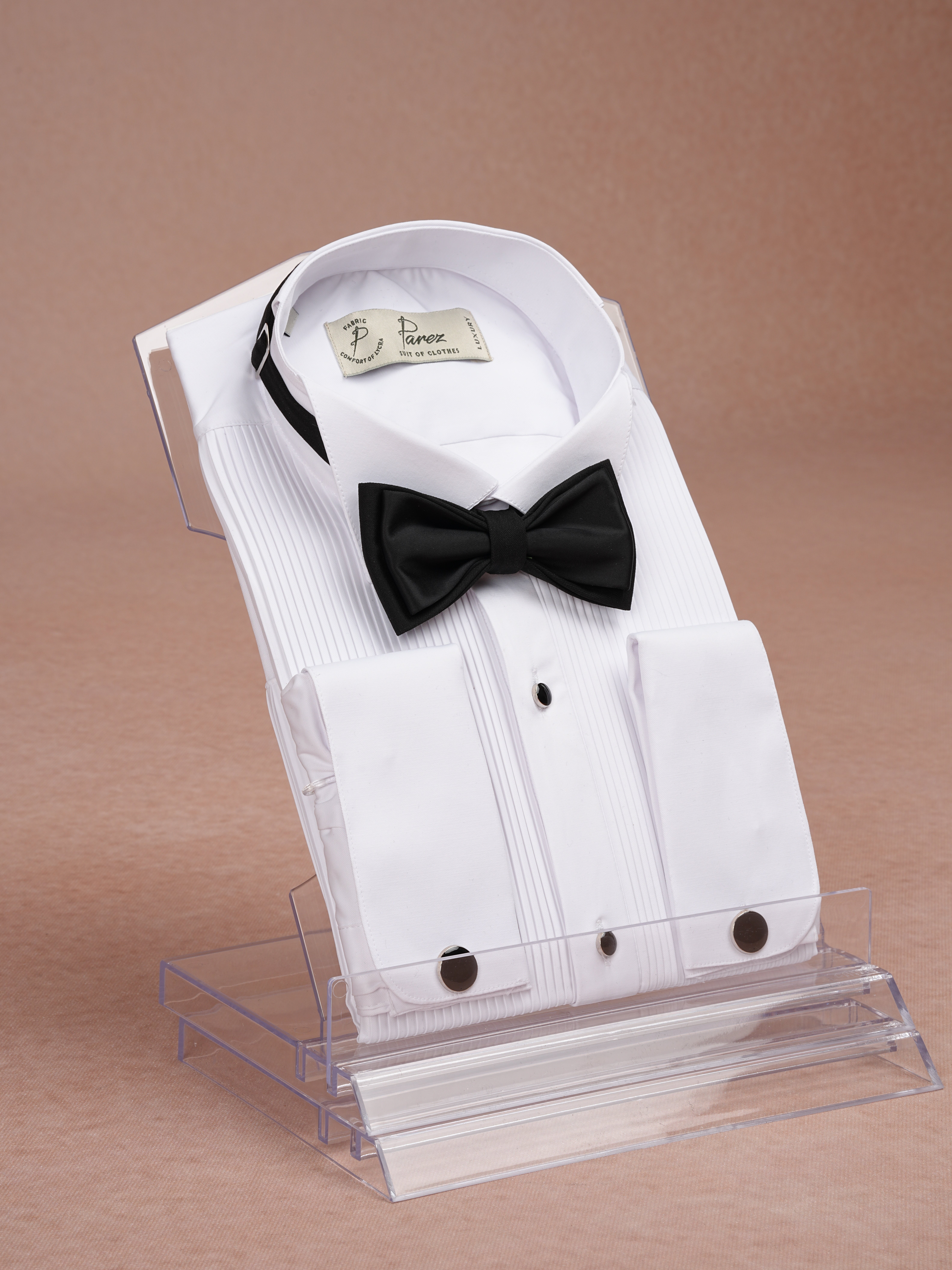 Mens Premium Slim Fit Stand Collar Pleated Shirt - White