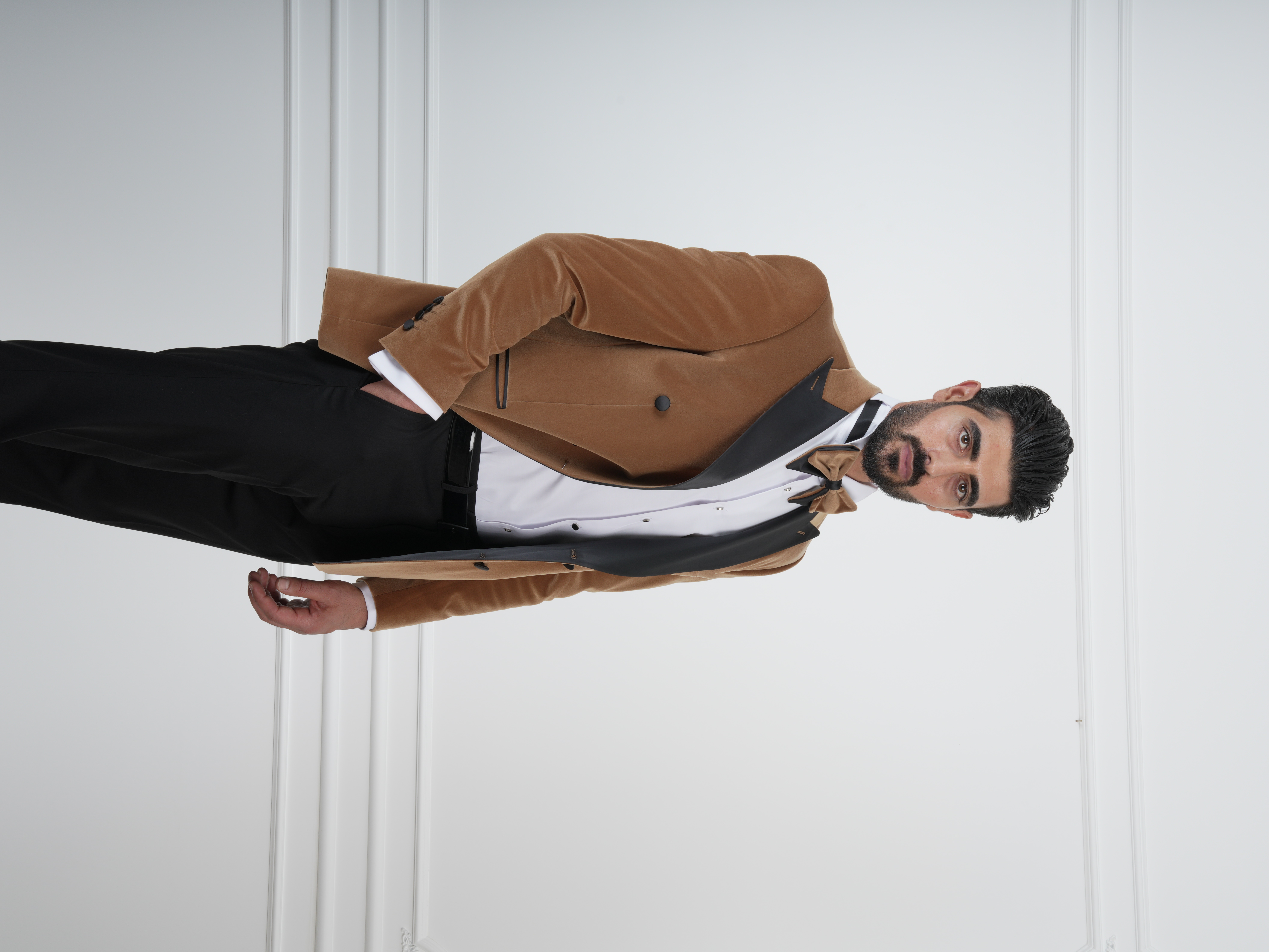 Erkek Premium Kadife Kruvaze Smokin Damatlık İtalyan Stil  Ceket Pantolon Papyon - Krem