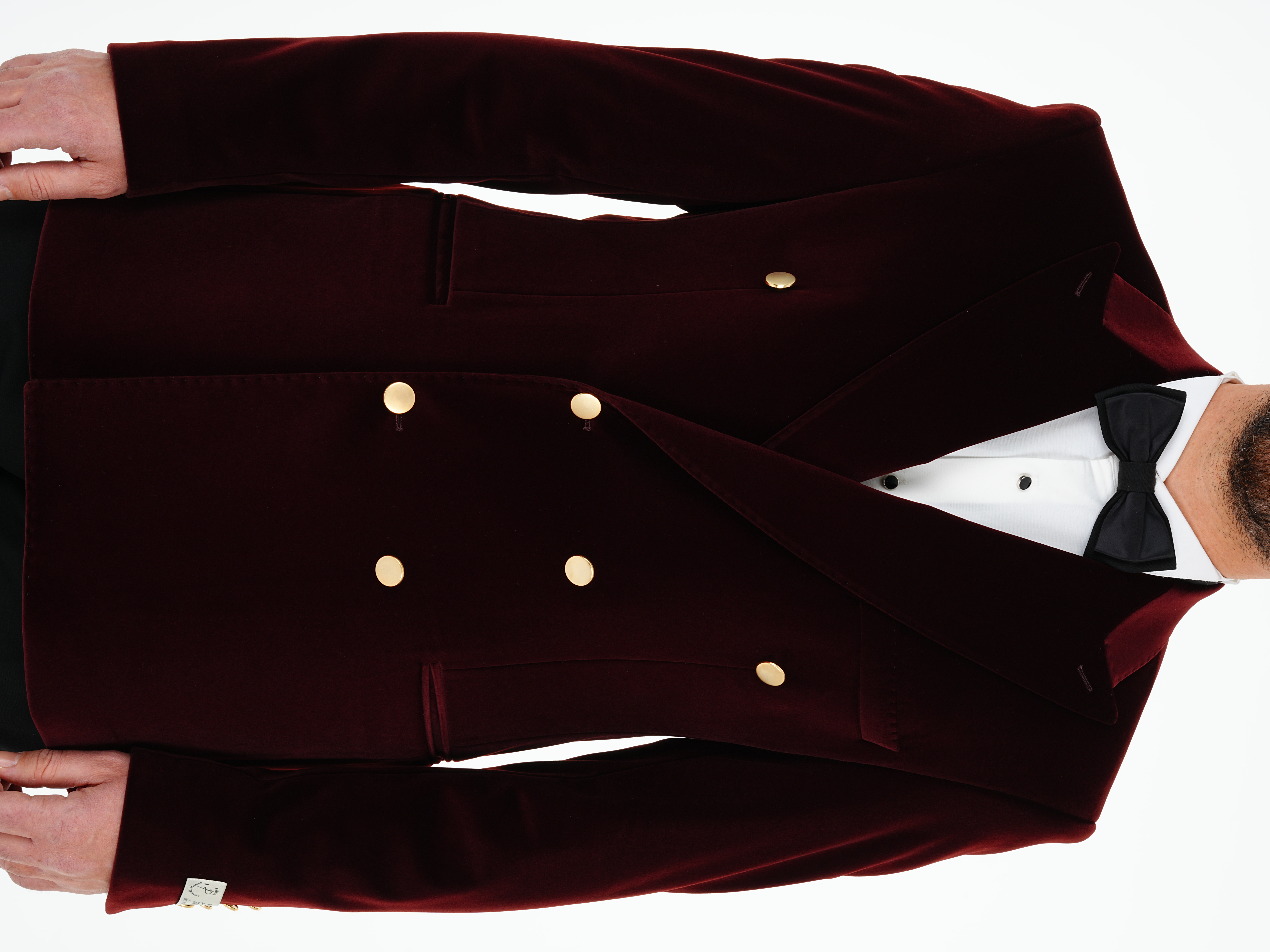 Premium Erkek Kadife Kruvaze Smokin Damatlık Gold Düğme Punto Dikişli Ceket Pantolon Papyon - Bordo