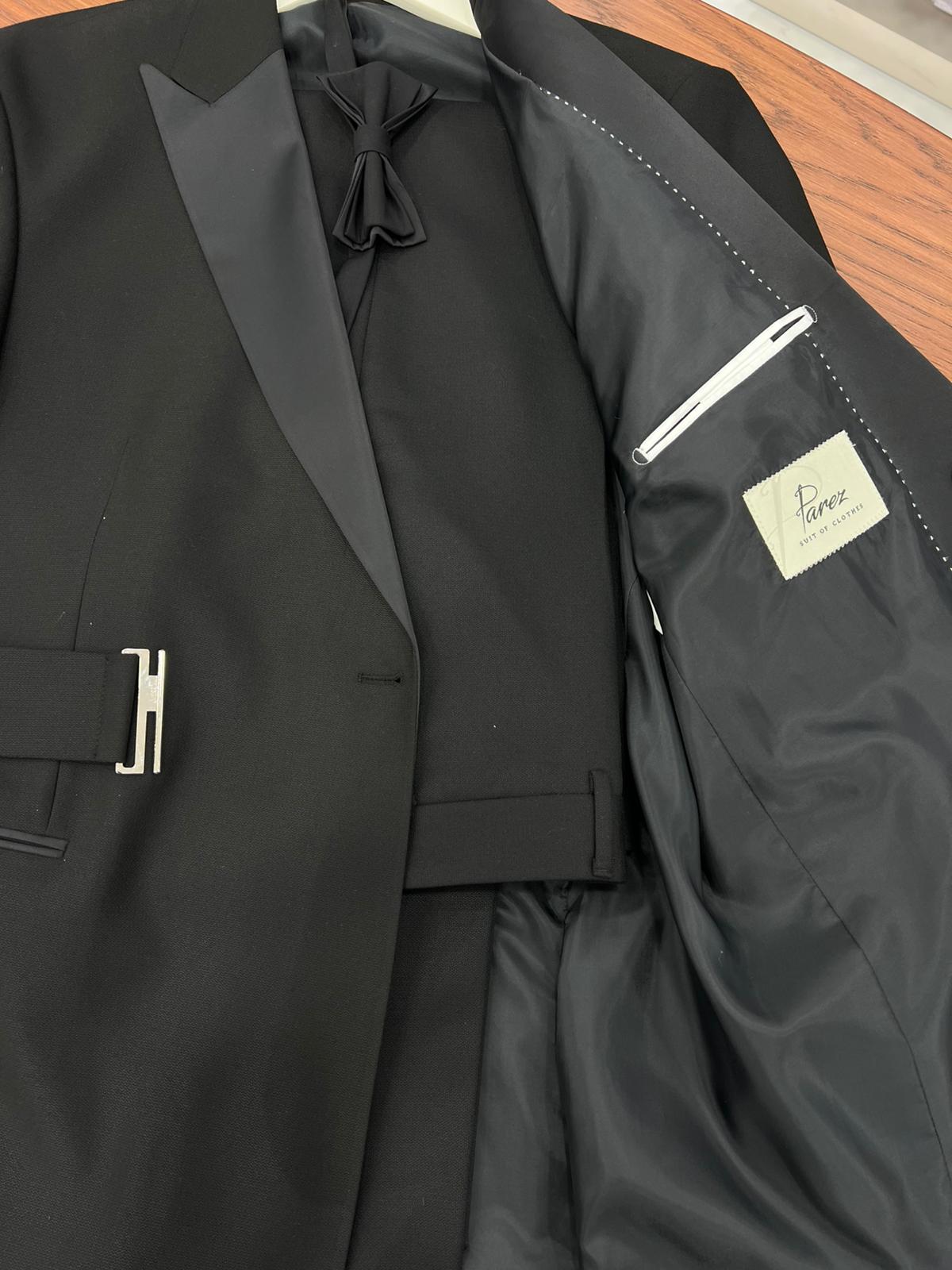 Erkek Luxury  Smokin Damatlık Gümüş Düğme Kırlangıç Yaka İtalyan Stil  Ceket Pantolon Papyon- Siyah - Siyah