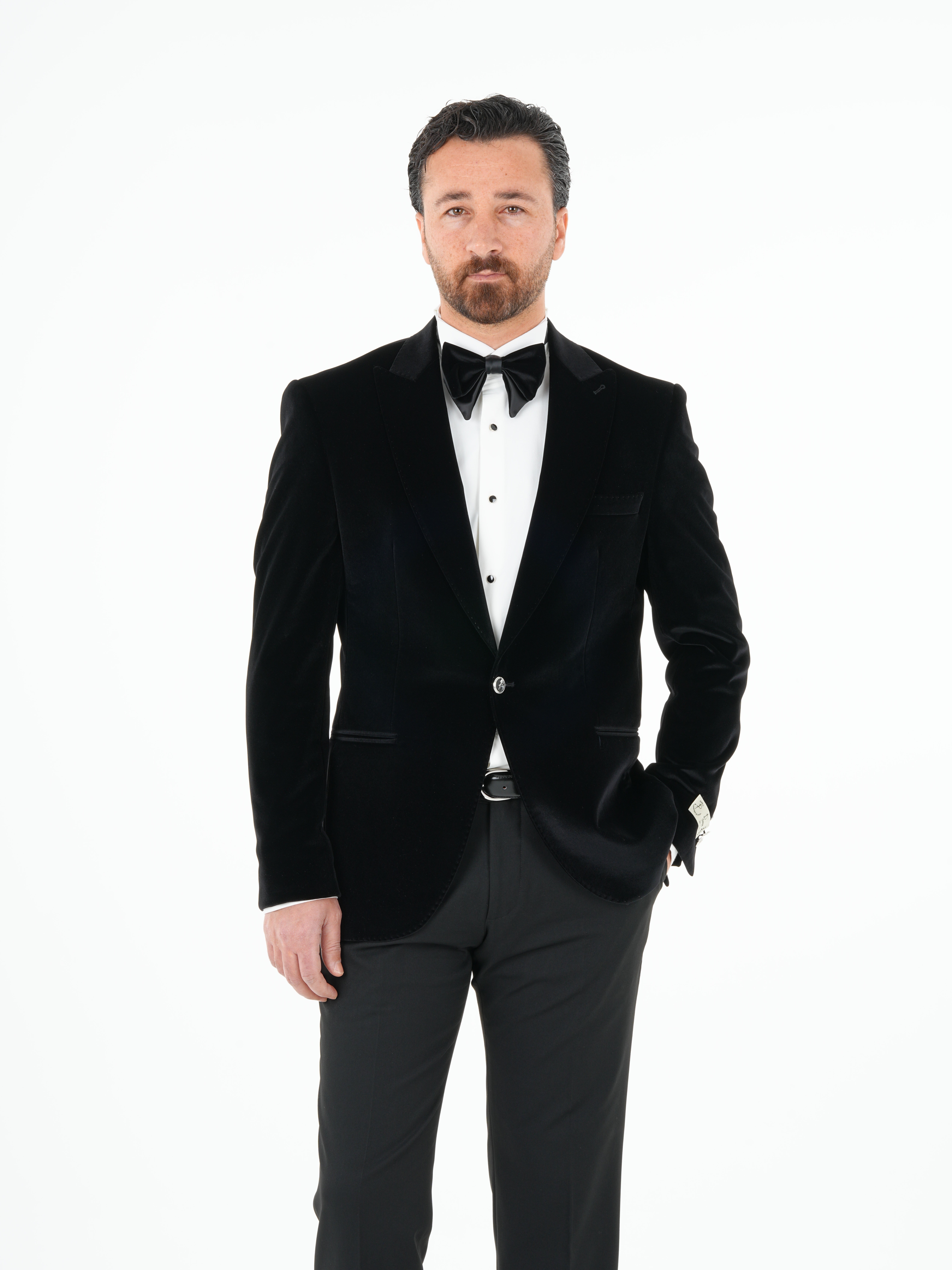 Premium Erkek Kadife Smokin Damatlık Gümüş Düğme Punto Dikişli Ceket Pantolon Papyon - Siyah