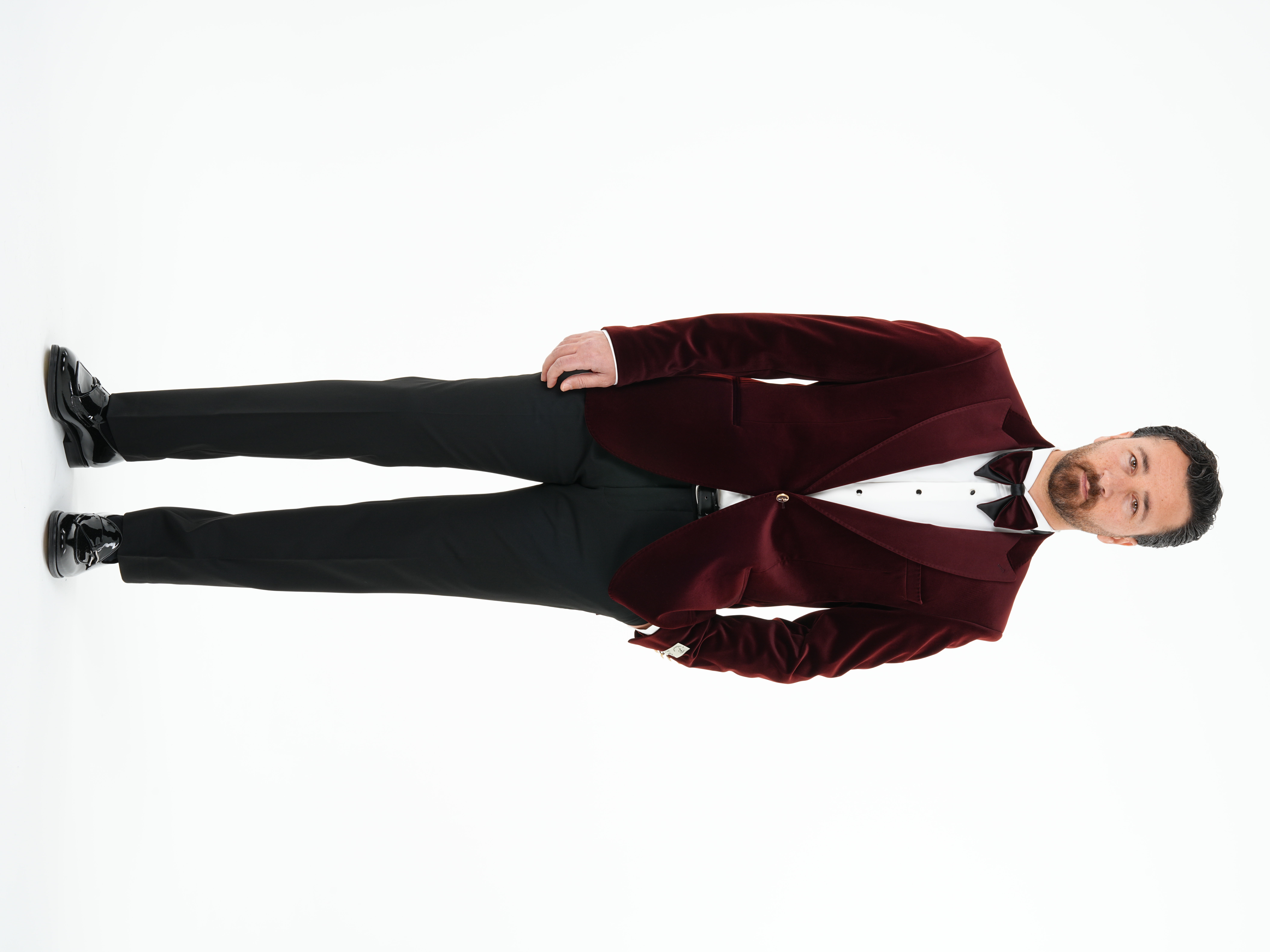 Premium Erkek Kadife Smokin Damatlık Gold Düğme Punto Dikişli Ceket Pantolon Papyon - Bordo