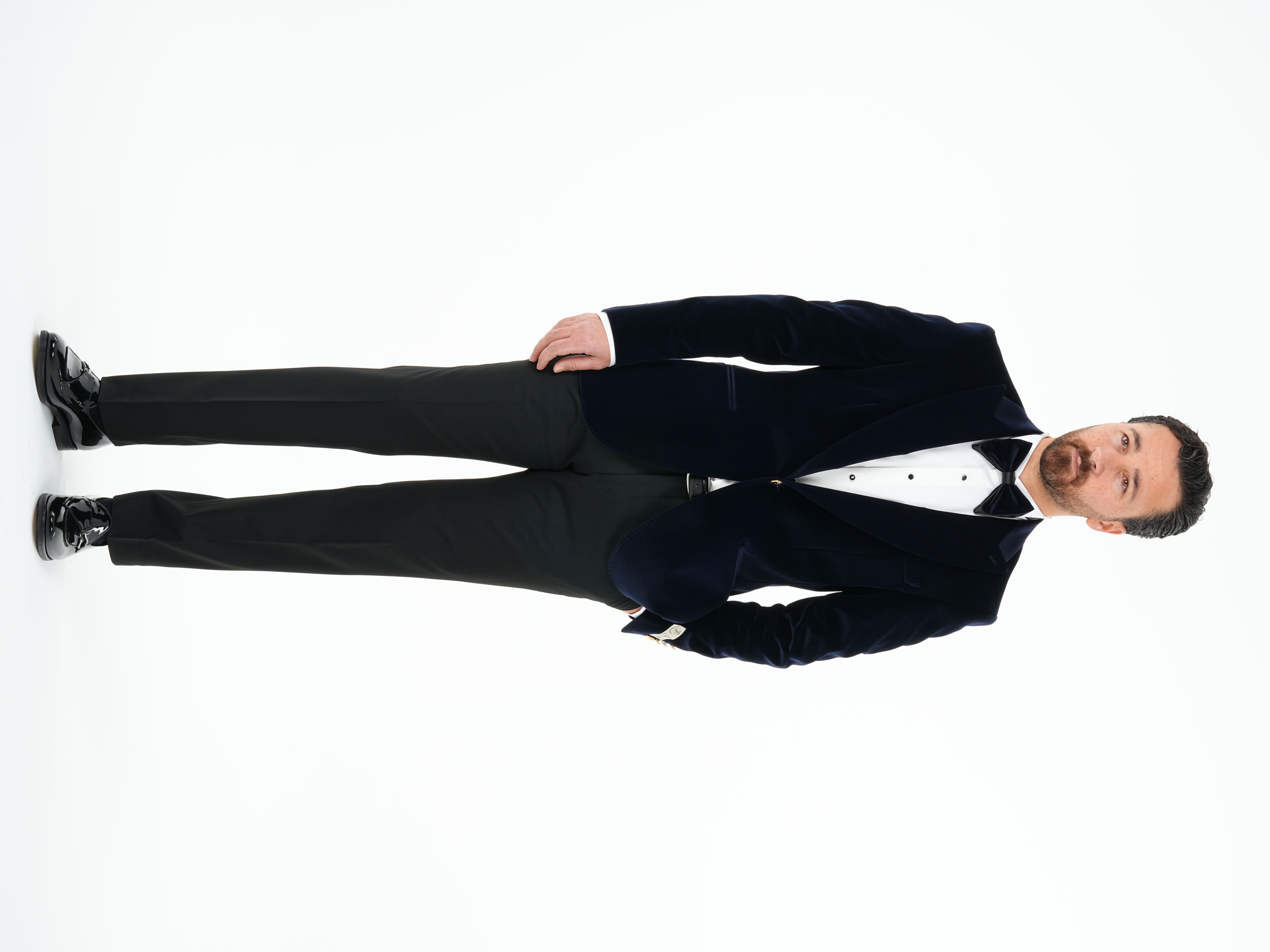 Premium Erkek Kadife Smokin Damatlık Gold Düğme Punto Dikişli Ceket Pantolon Papyon - Lacivert