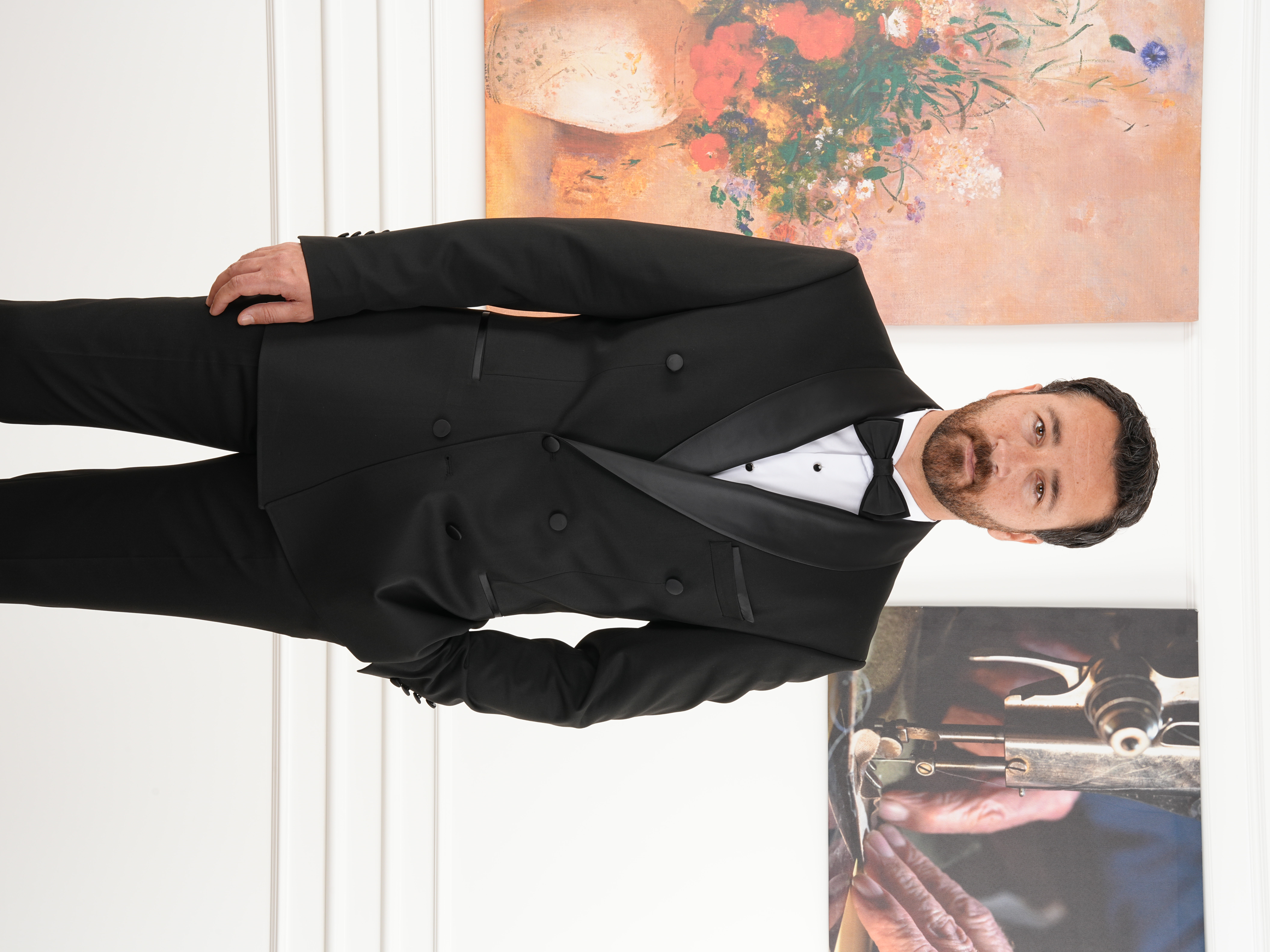 Erkek Premium Kruvaze Smokin Damatlık  Şal Yaka İtalyan Stil Ceket Pantolon Papyon - Siyah