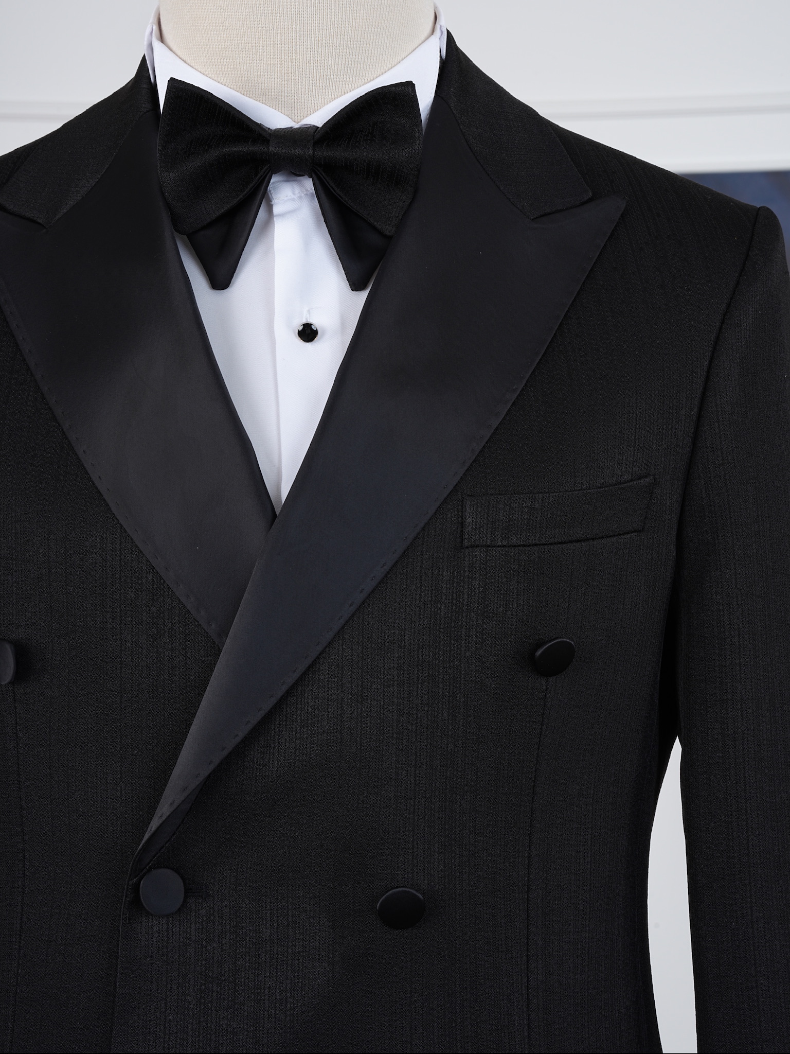 Erkek Slim Fit İtalyan Stil Kendinden Desenli Kruvaze Smokin Damatlık - Siyah