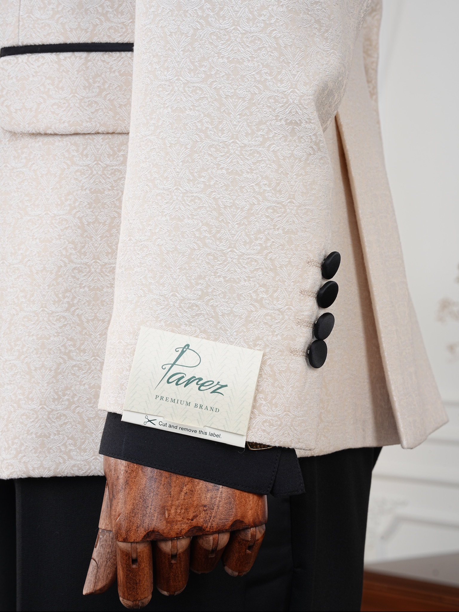 Premium Erkek Slim Fit İtalyan Stil Jakar Desenli Kruvaze Smokin Damatlık - Krem