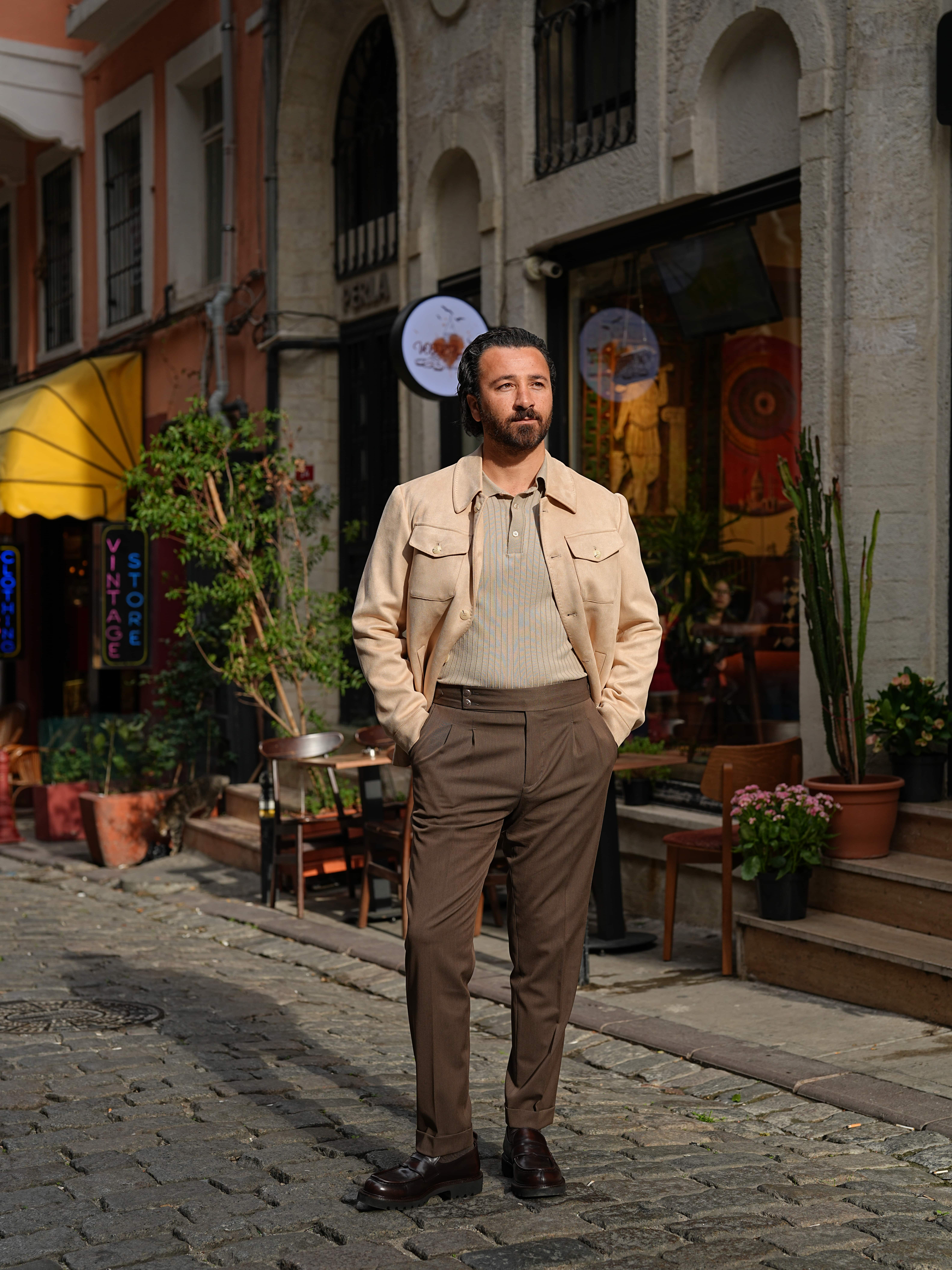 Erkek Slim Fit Cepli Nubuk Ceket - Bej