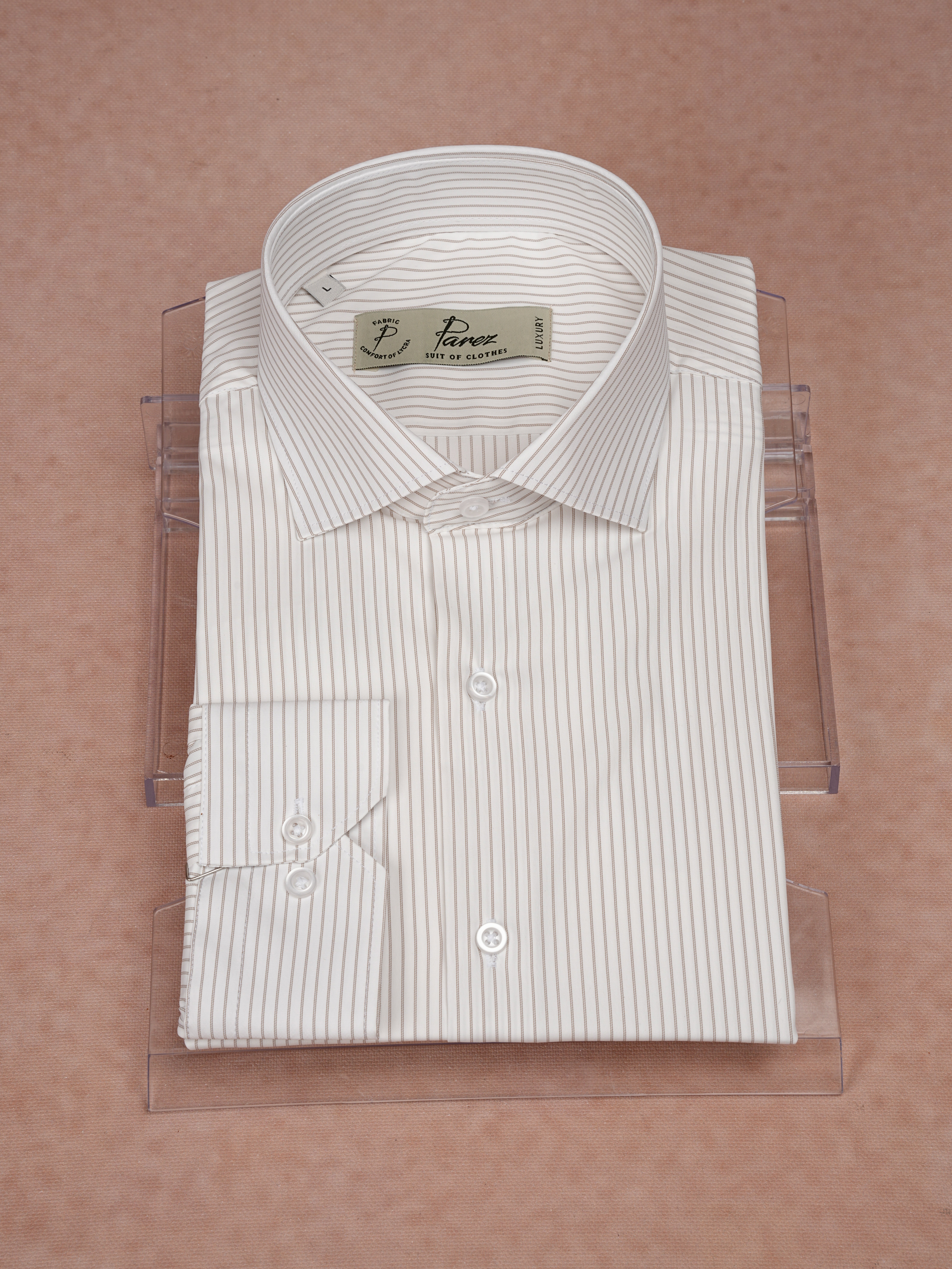 Premium Italian Collar Slim Fit Striped Mens Shirt - Milky Coffee