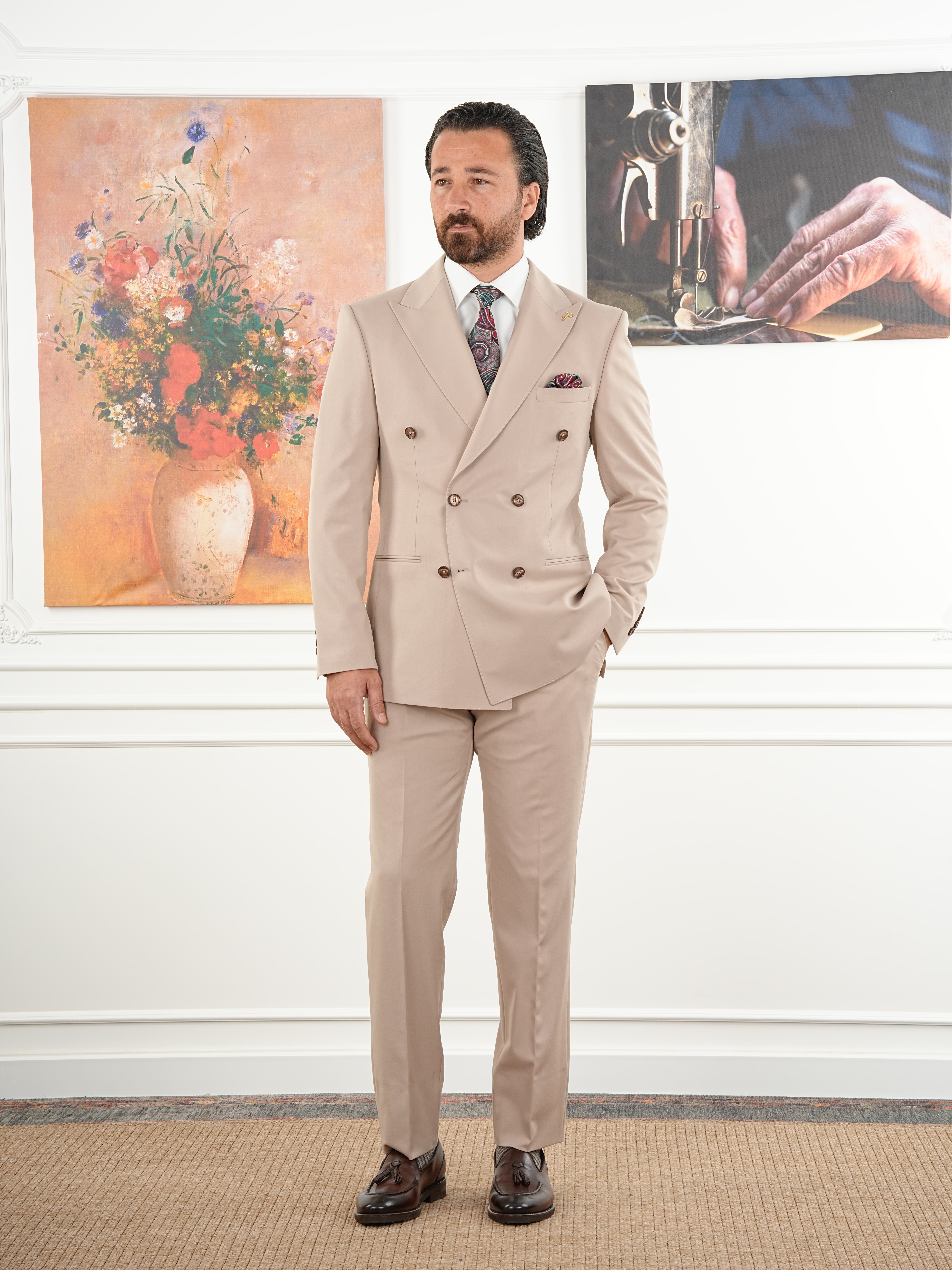 Erkek Slim Fit İtalyan Stil Kruvaze Takım Elbise Ceket Pantolon - Krem