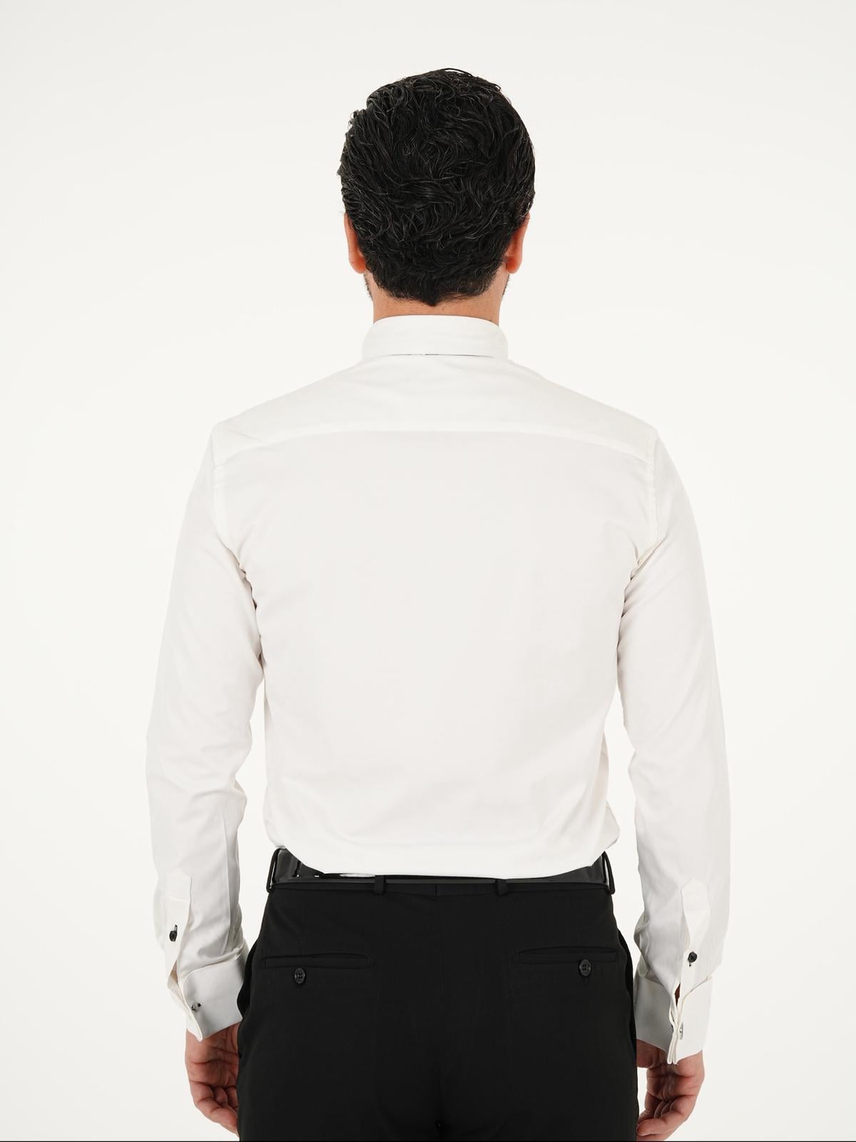 Erkek Premum Siyah Şeritli Slim Fit İtalyan Stil Ata Yaka Gömlek - Beyaz