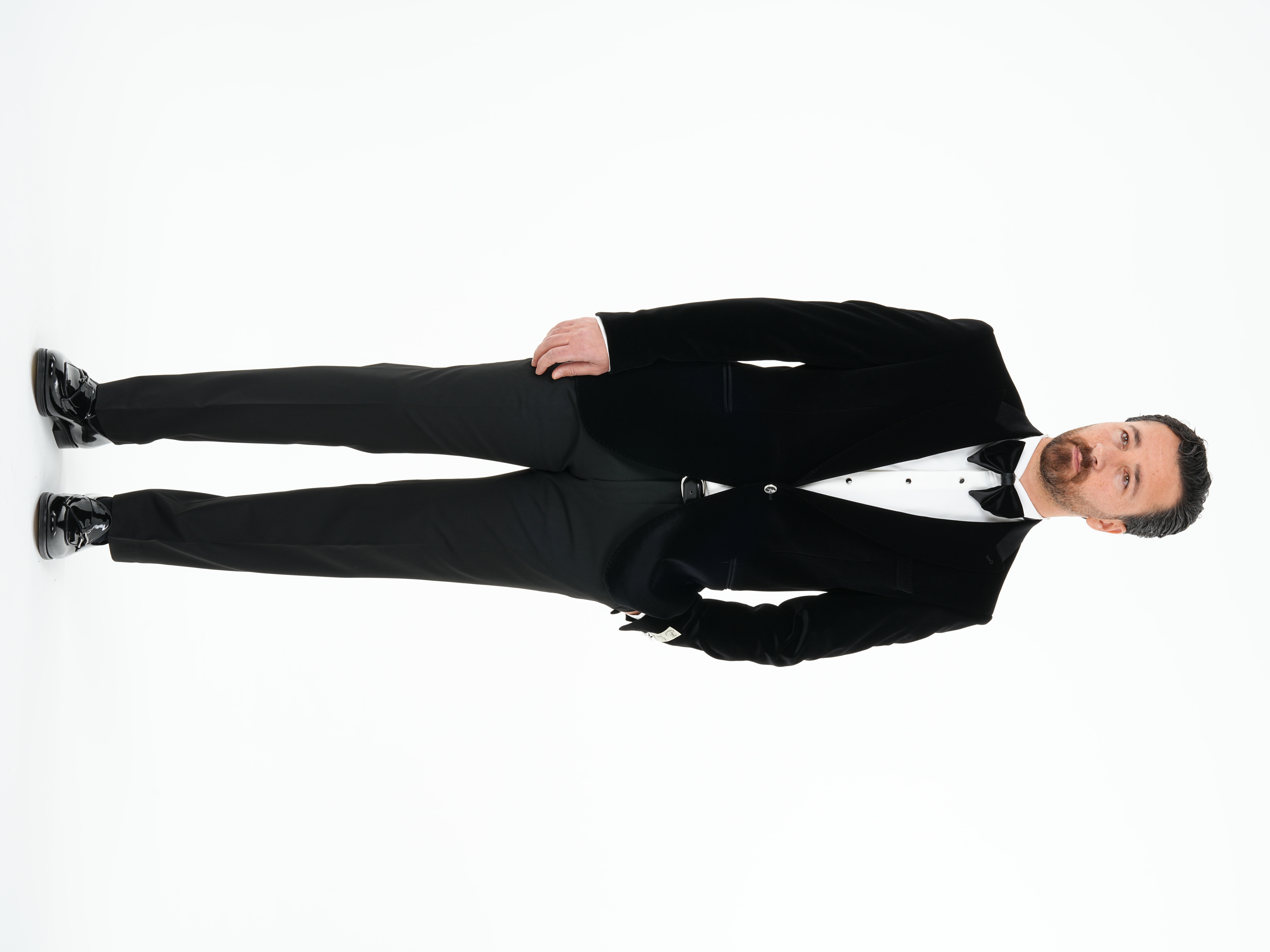 Premium Erkek Kadife Smokin Damatlık Gümüş Düğme Punto Dikişli Ceket Pantolon Papyon - Siyah