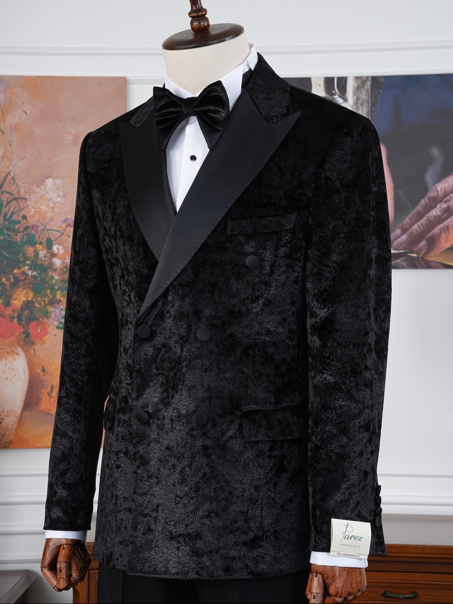 Premium Erkek Slim Fit İtalyan Stil Desenli Smokin Damatlık - Siyah