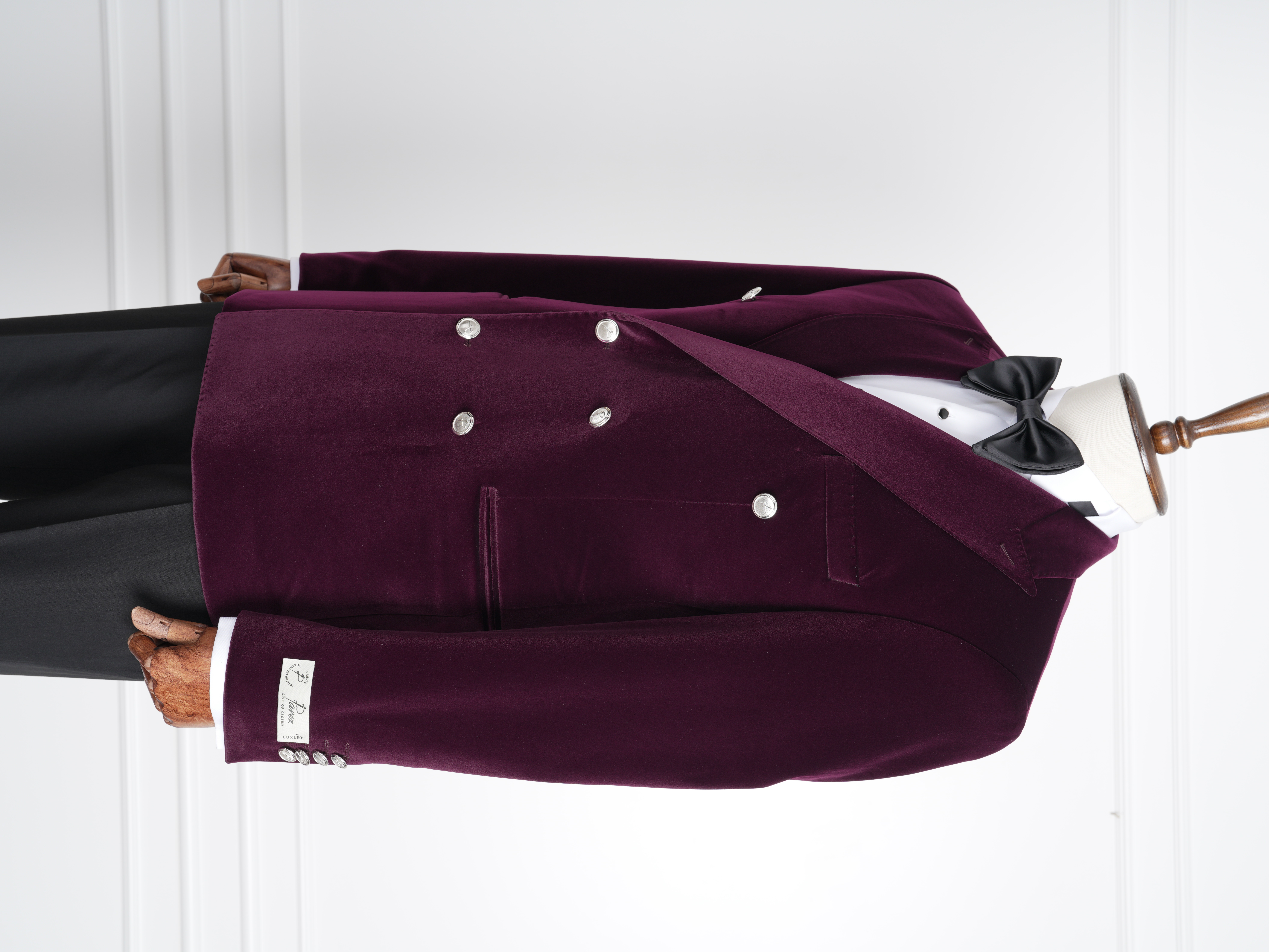 Premium Erkek Kadife Kruvaze Smokin Damatlık Metal Düğme Punto Dikişli Ceket Pantolon Papyon - Mor