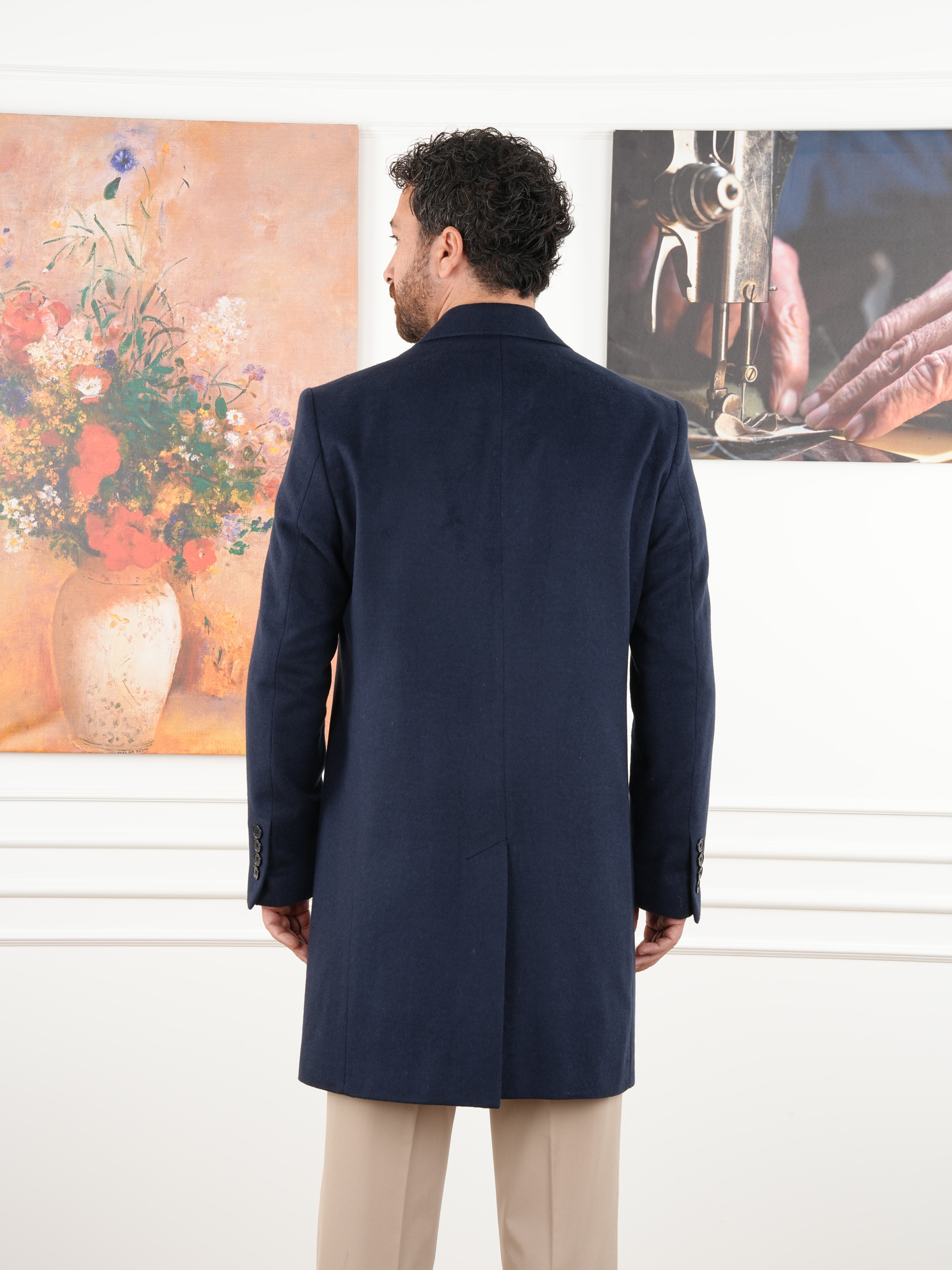 Erkek Premium İtalyan Stil Slim Fit Mono Yaka Kaşe Kaban - Lacivert