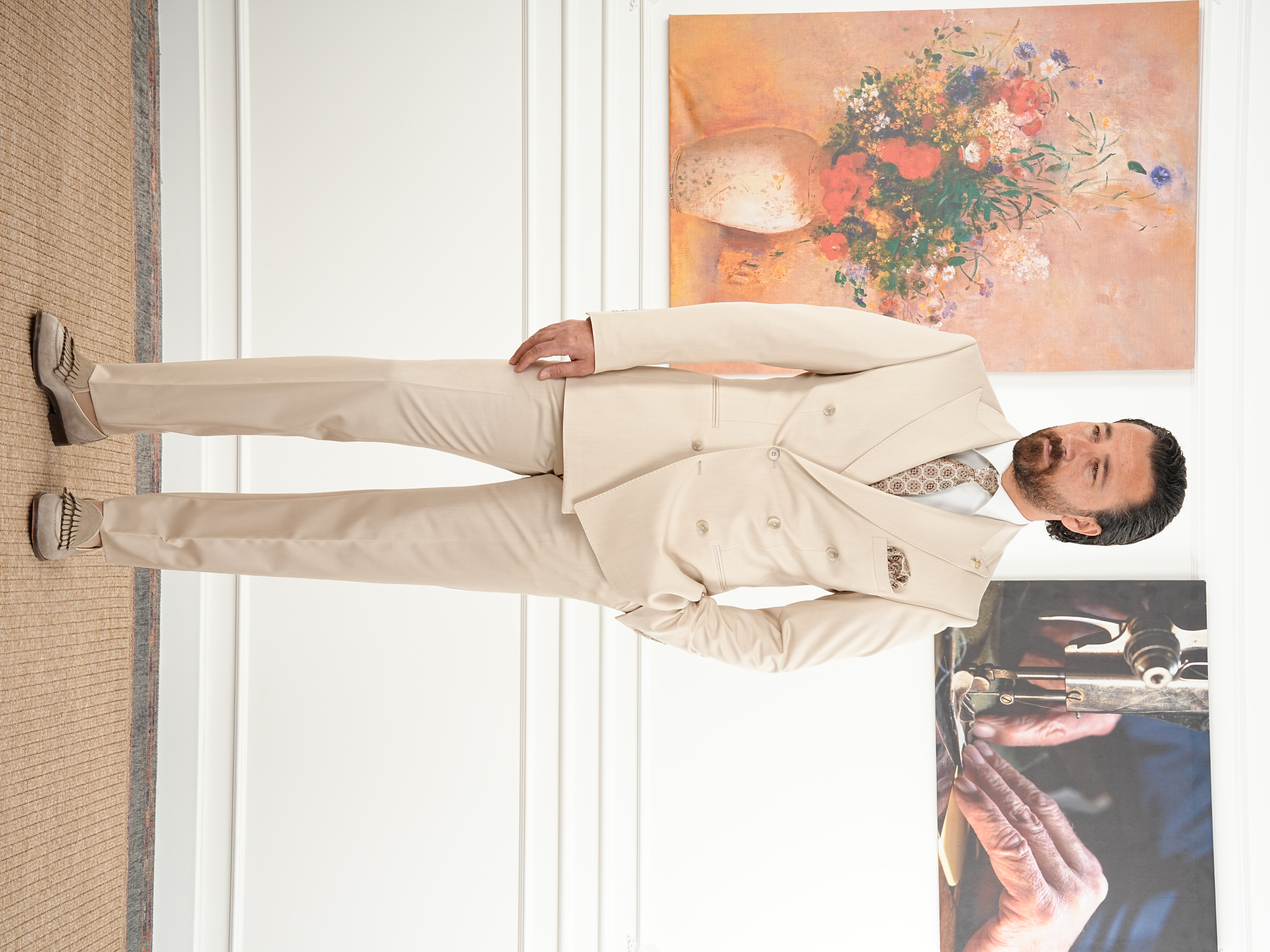 Erkek Slim Fit İtalyan Stil Kruvaze Takım Elbise Ceket Pantolon - Bej