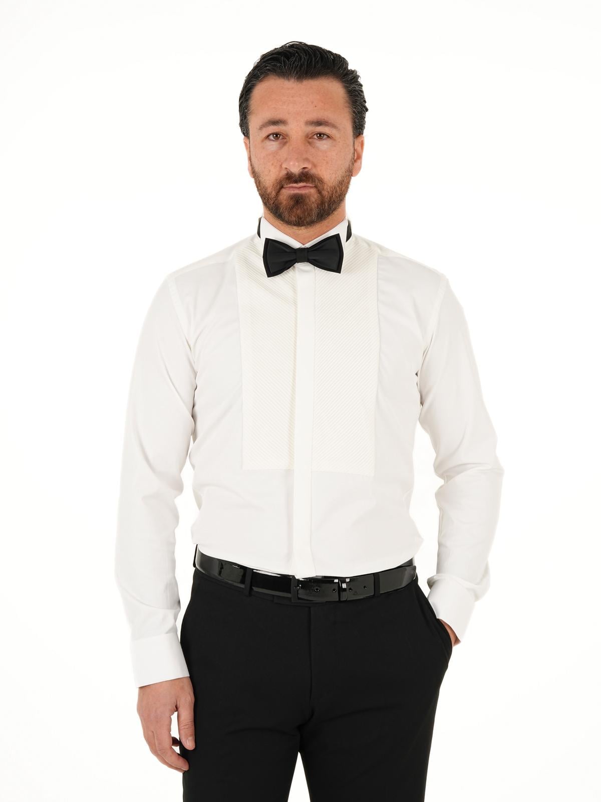 Erkek Premıum Slim Fit Pliseli Damatlık Gömlek - Beyaz