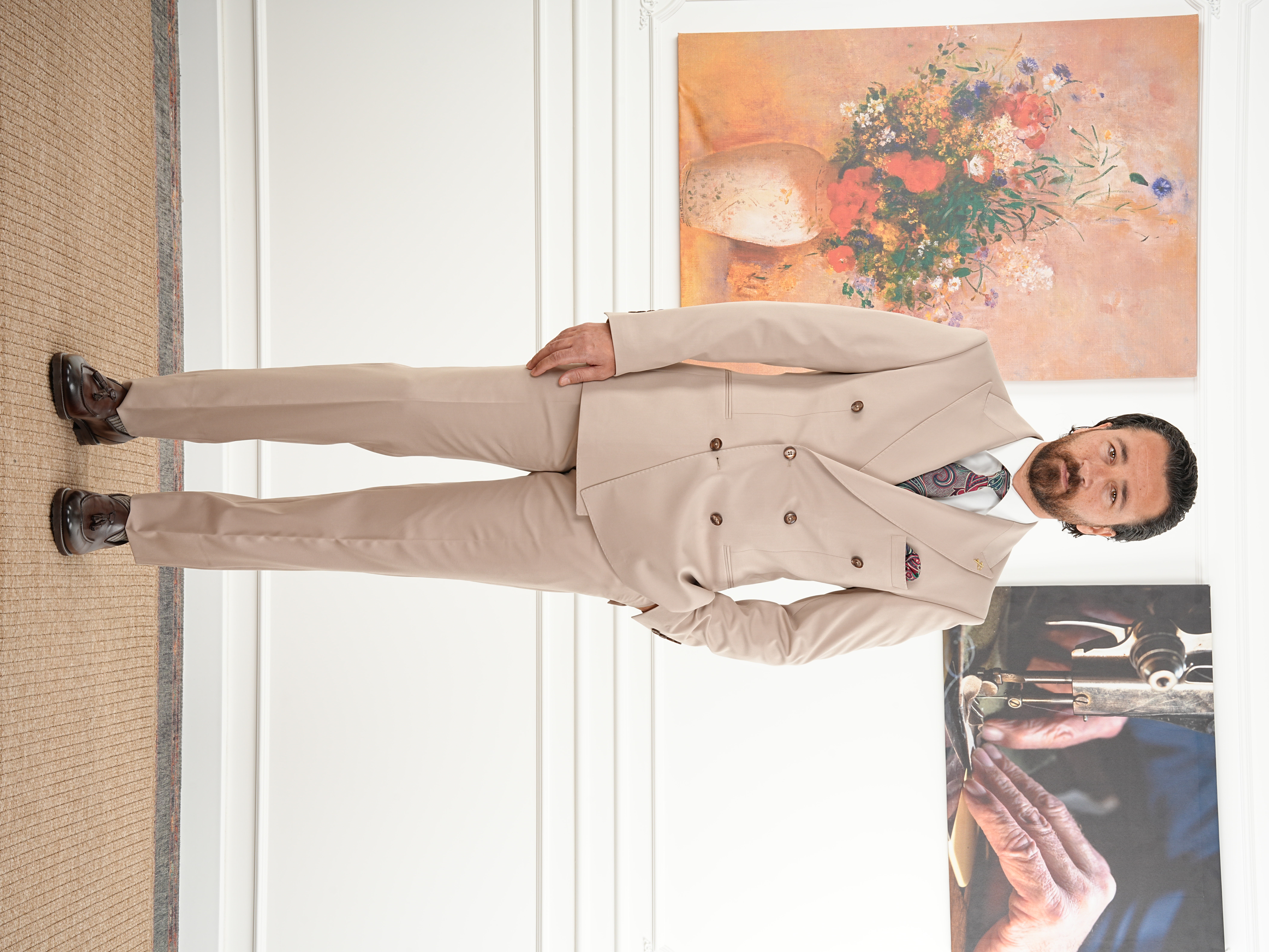 Erkek Slim Fit İtalyan Stil Kruvaze Takım Elbise Ceket Pantolon - Krem