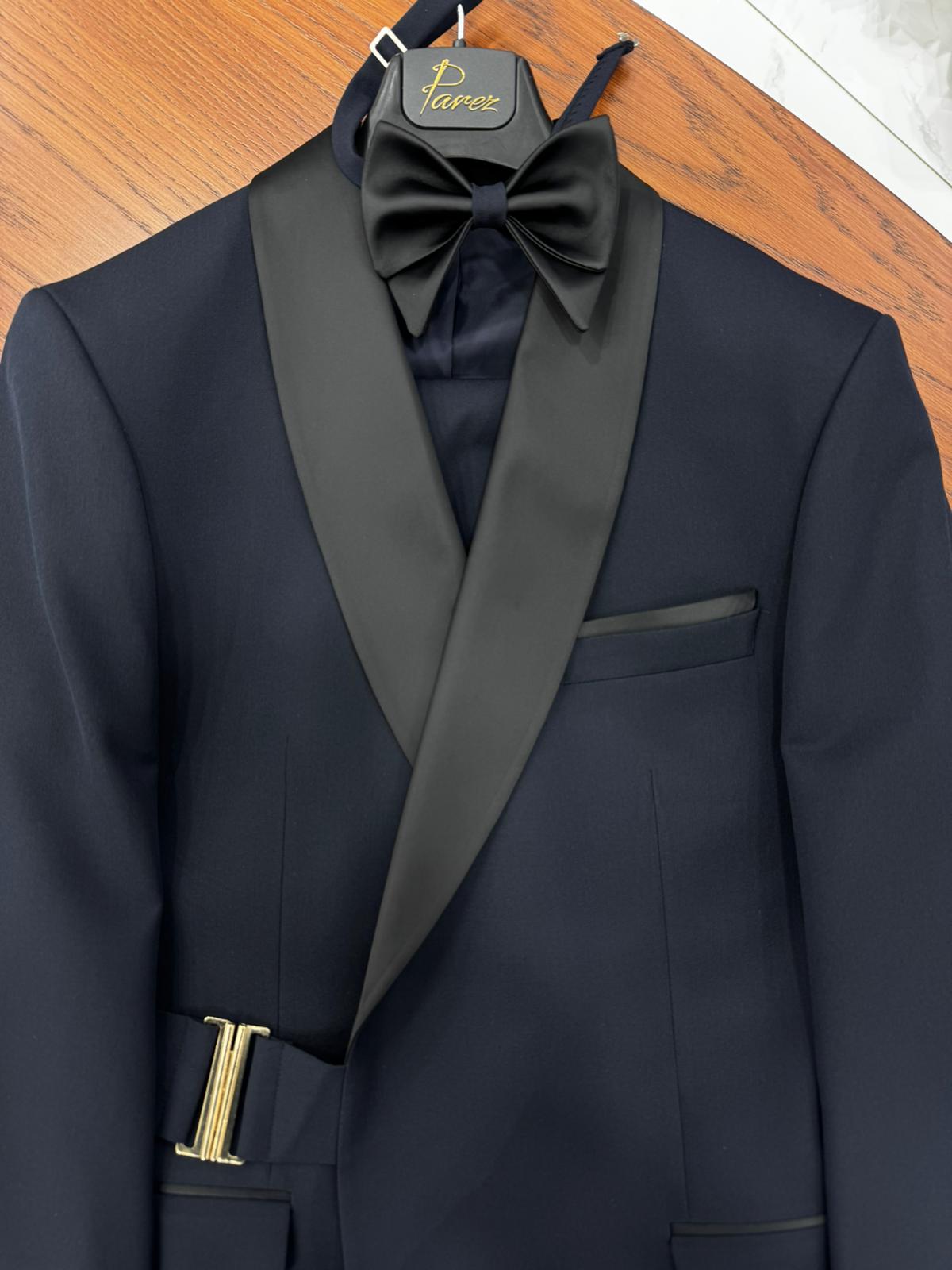 Erkek Kruvaze Tokalı Smokin Damatlık İtalyan Stil Ceket Pantolon Papyon - Koyu Lacivert