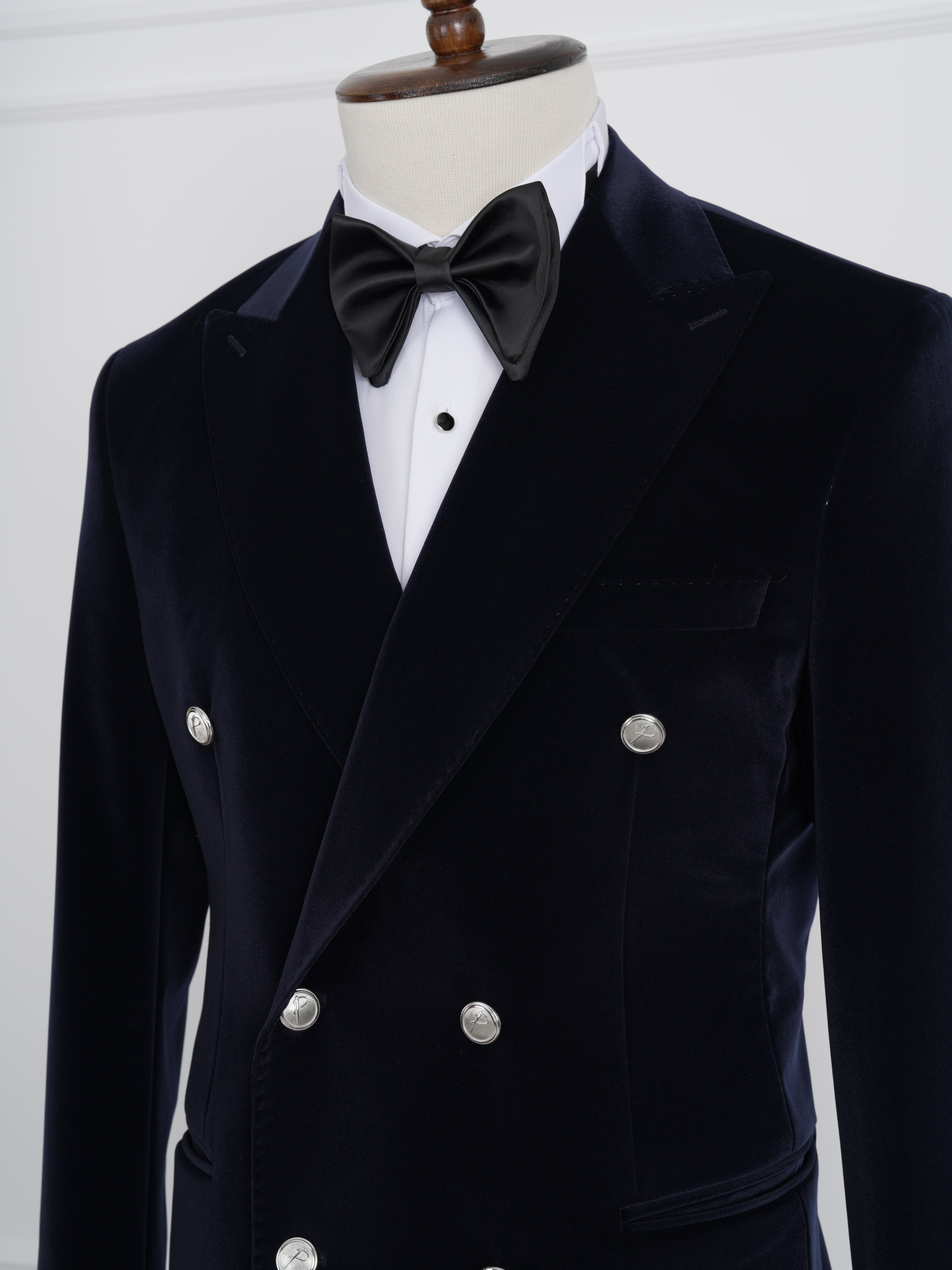 Premium Erkek Kadife Kruvaze Smokin Damatlık Metal Düğme Punto Dikişli Ceket Pantolon Papyon - Lacivert