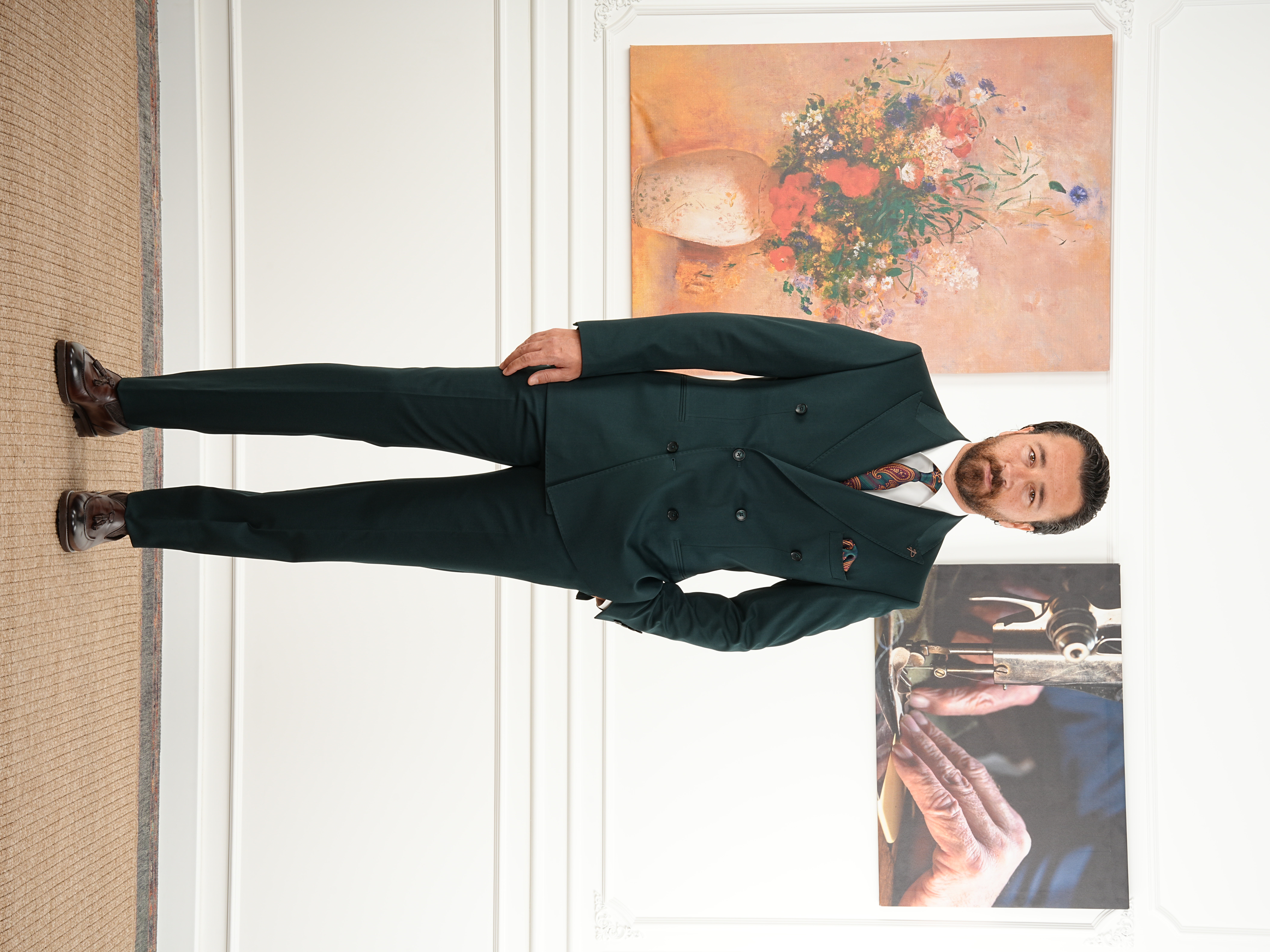 Erkek Slim Fit İtalyan Stil Kruvaze Takım Elbise Ceket Pantolon - Yeşil