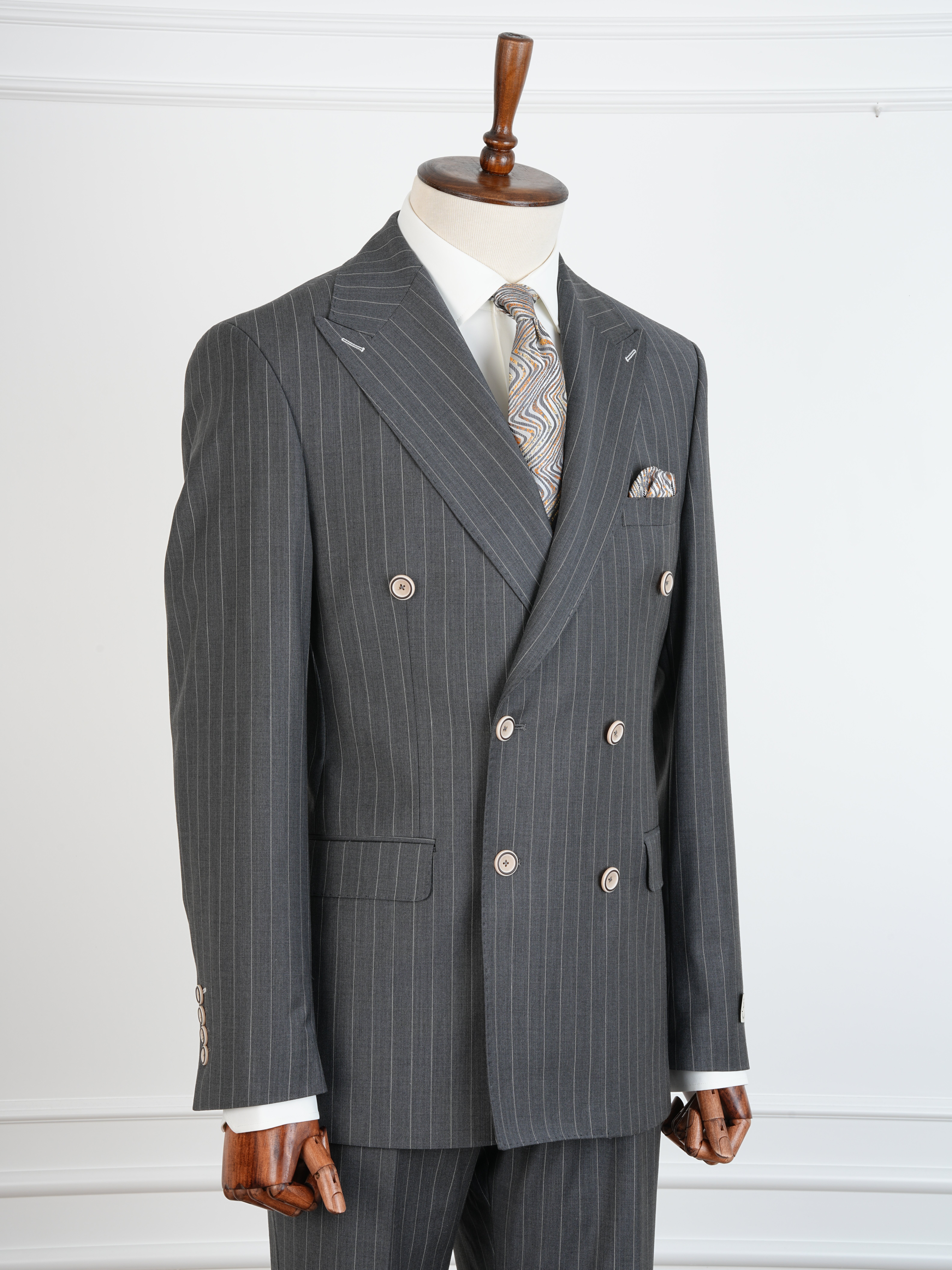 Premium Yünlü Erkek Kruvaze Takım Elbise Slim Fit İtalyan Stil Ceket Pantolon - Gri