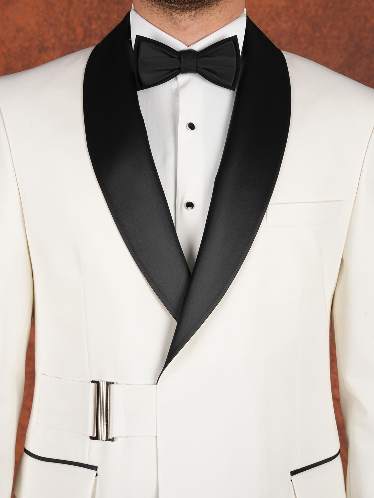 Erkek Premium Slim Fit İtalyan Stil Şal Yaka Gümüş Düğme Damatlık Smokin Ceket Pantolon Papyon - Beyaz