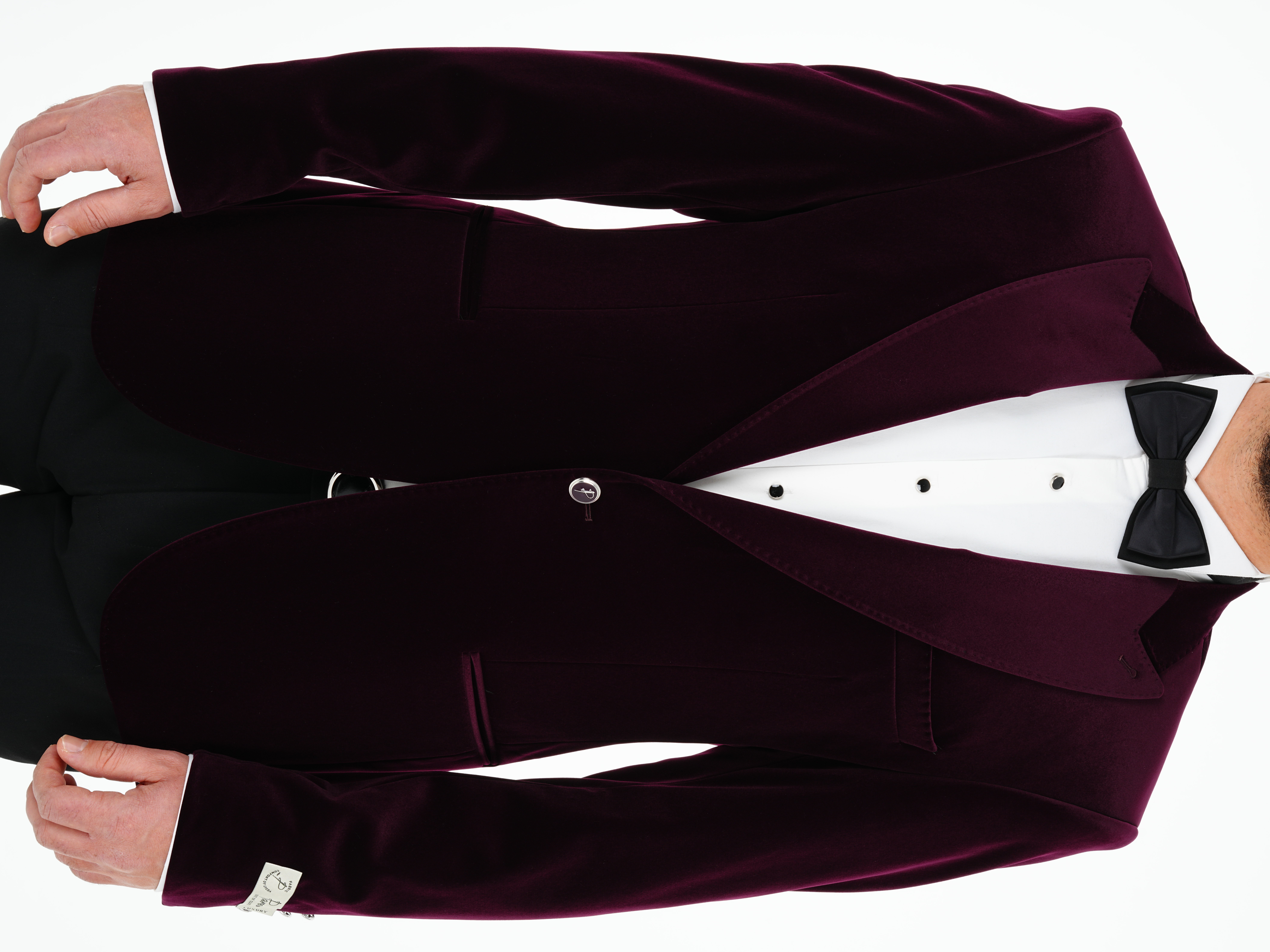 Premium Erkek Kadife Smokin Damatlık Gümüş Düğme Punto Dikişli Ceket Pantolon Papyon - Mor