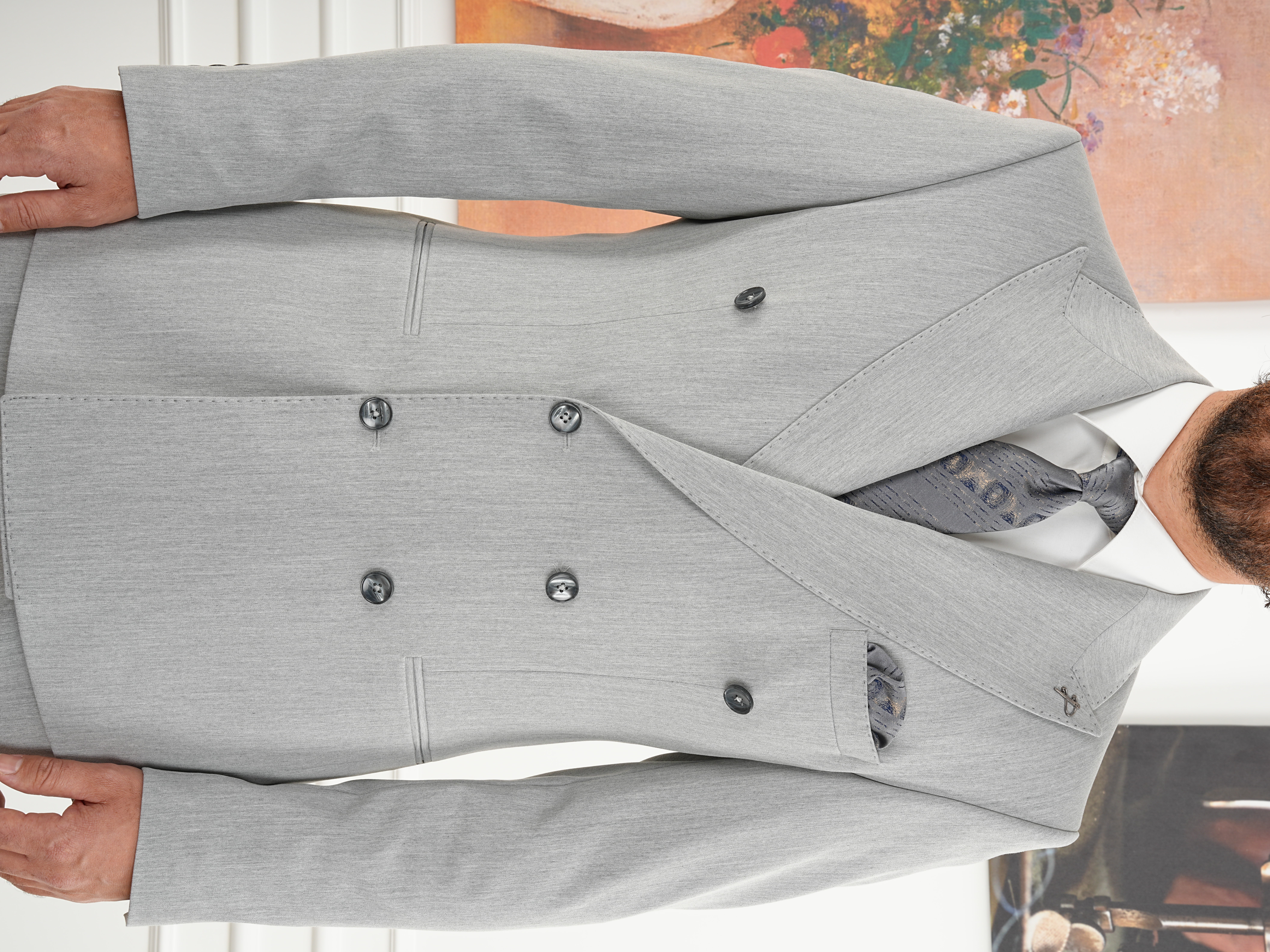 Erkek Slim Fit İtalyan Stil Kruvaze Takım Elbise Ceket Pantolon - Açık gri