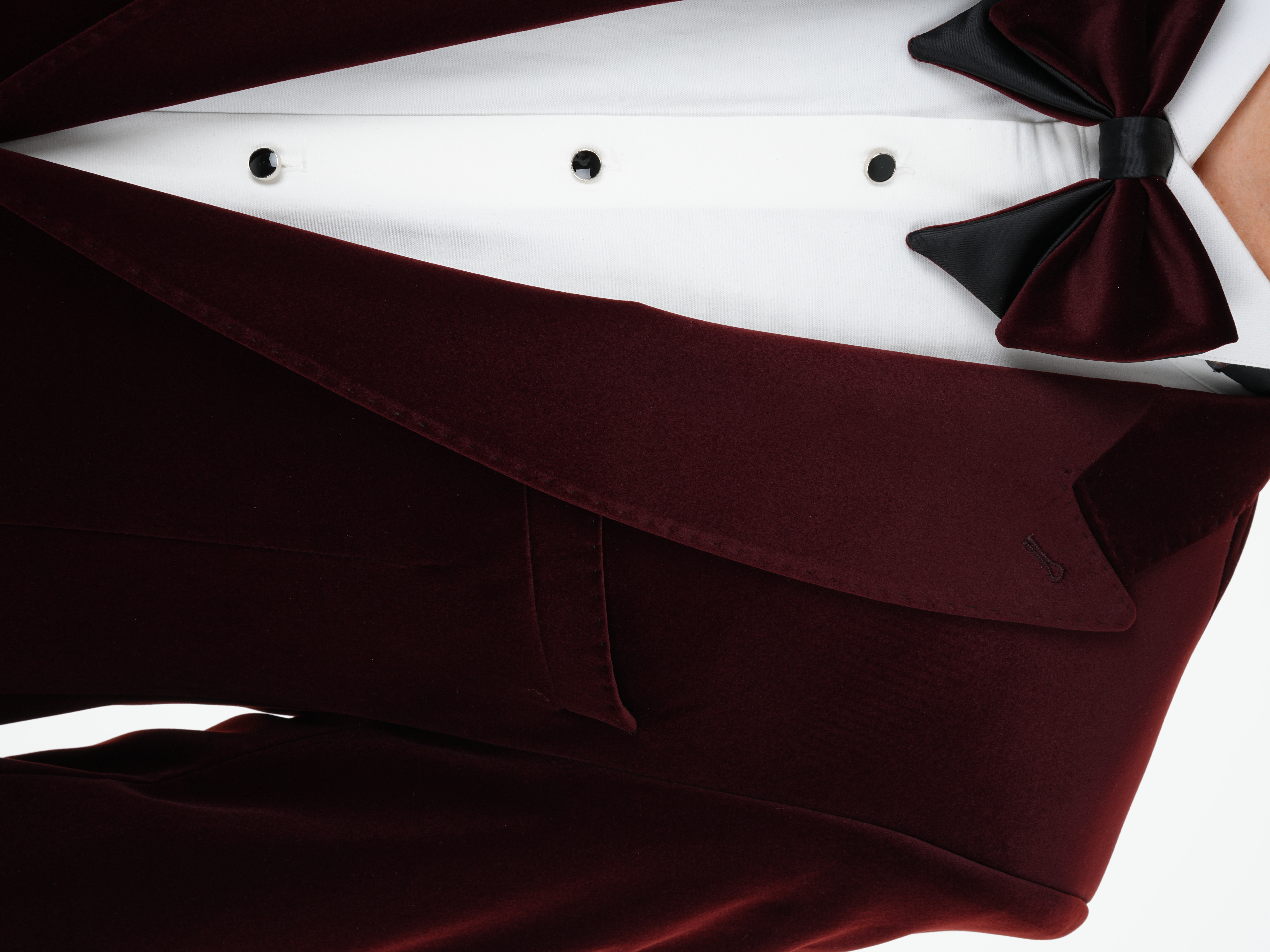 Premium Erkek Kadife Smokin Damatlık Gold Düğme Punto Dikişli Ceket Pantolon Papyon - Bordo