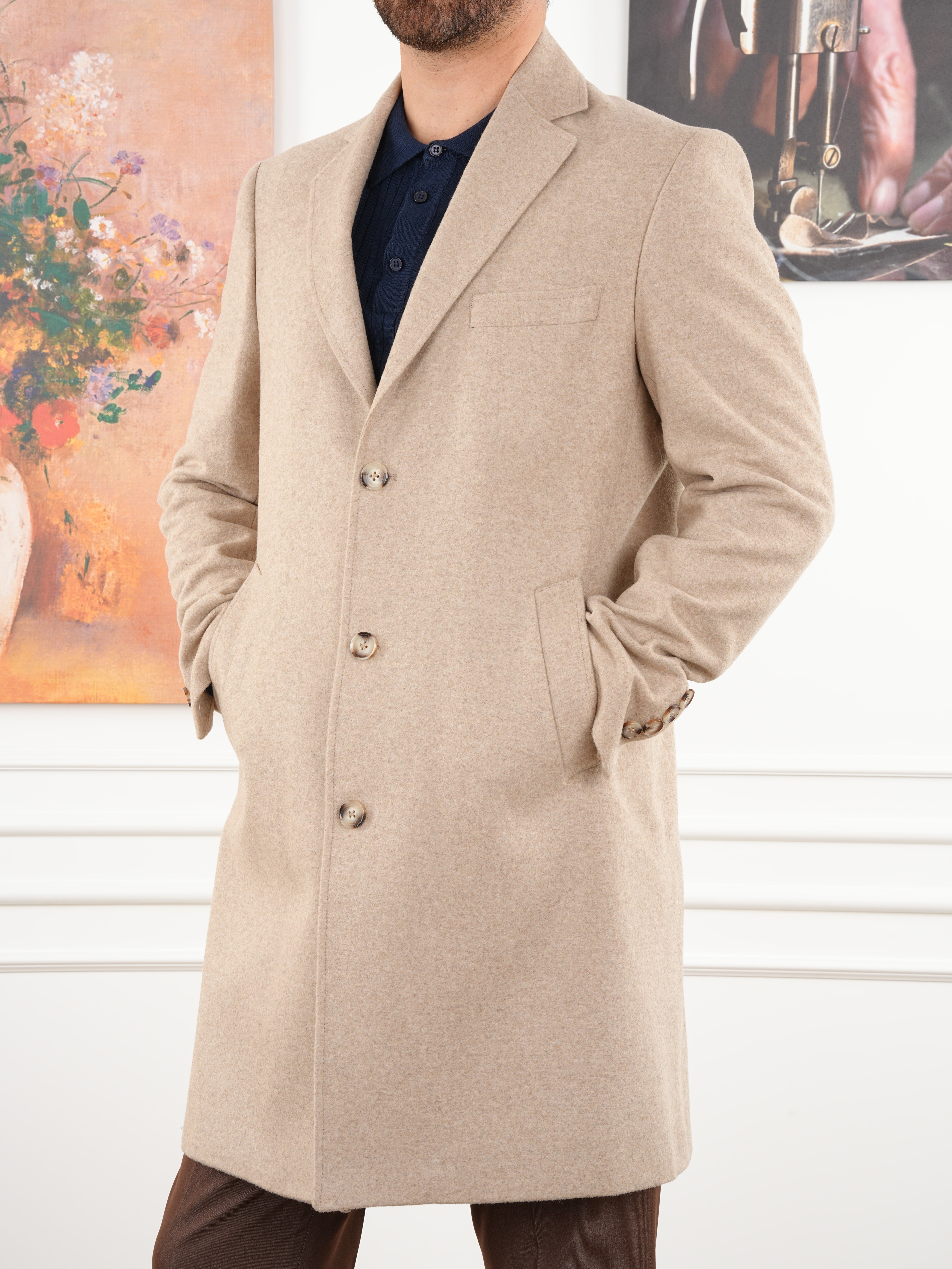 Erkek Premium İtalyan Stil Slim Fit Mono Yaka Kaşe Kaban - Krem