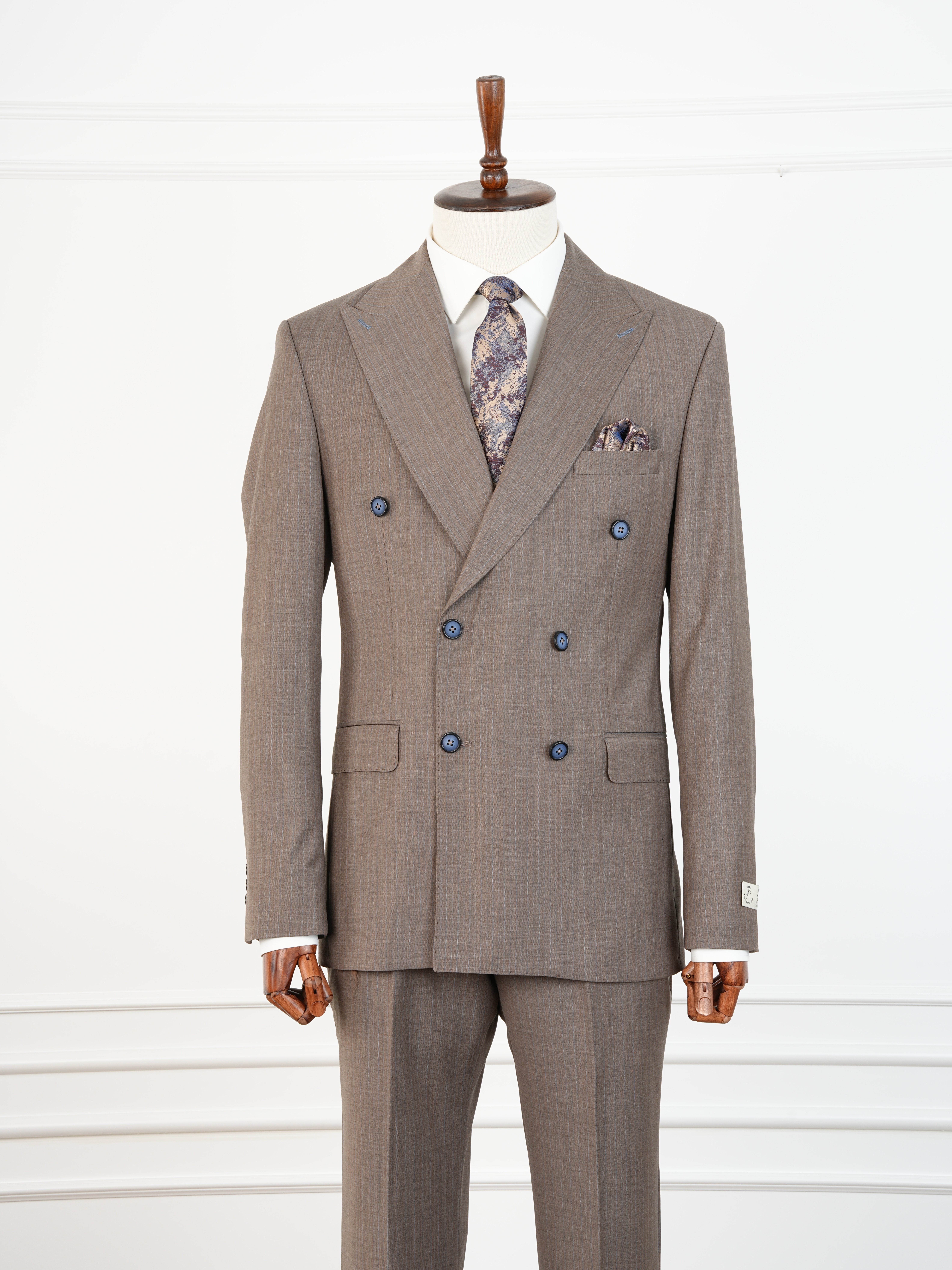 Yünlü Kruvaze Takım Elbise Slim Fit İtalyan Stil Ceket Pantolon - Sütlü Kahve