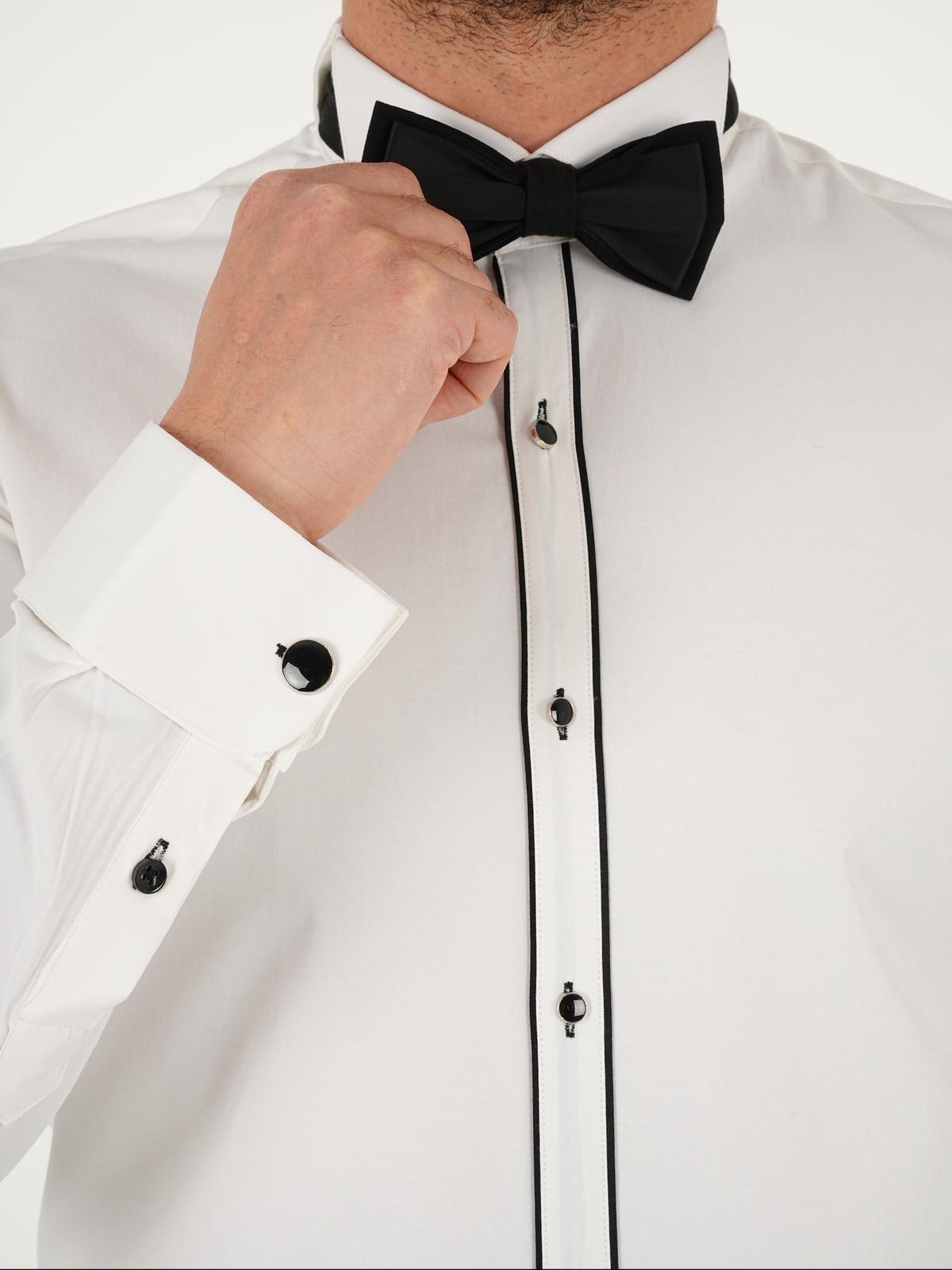 Erkek Premum Siyah Şeritli Slim Fit İtalyan Stil Ata Yaka Gömlek - Beyaz