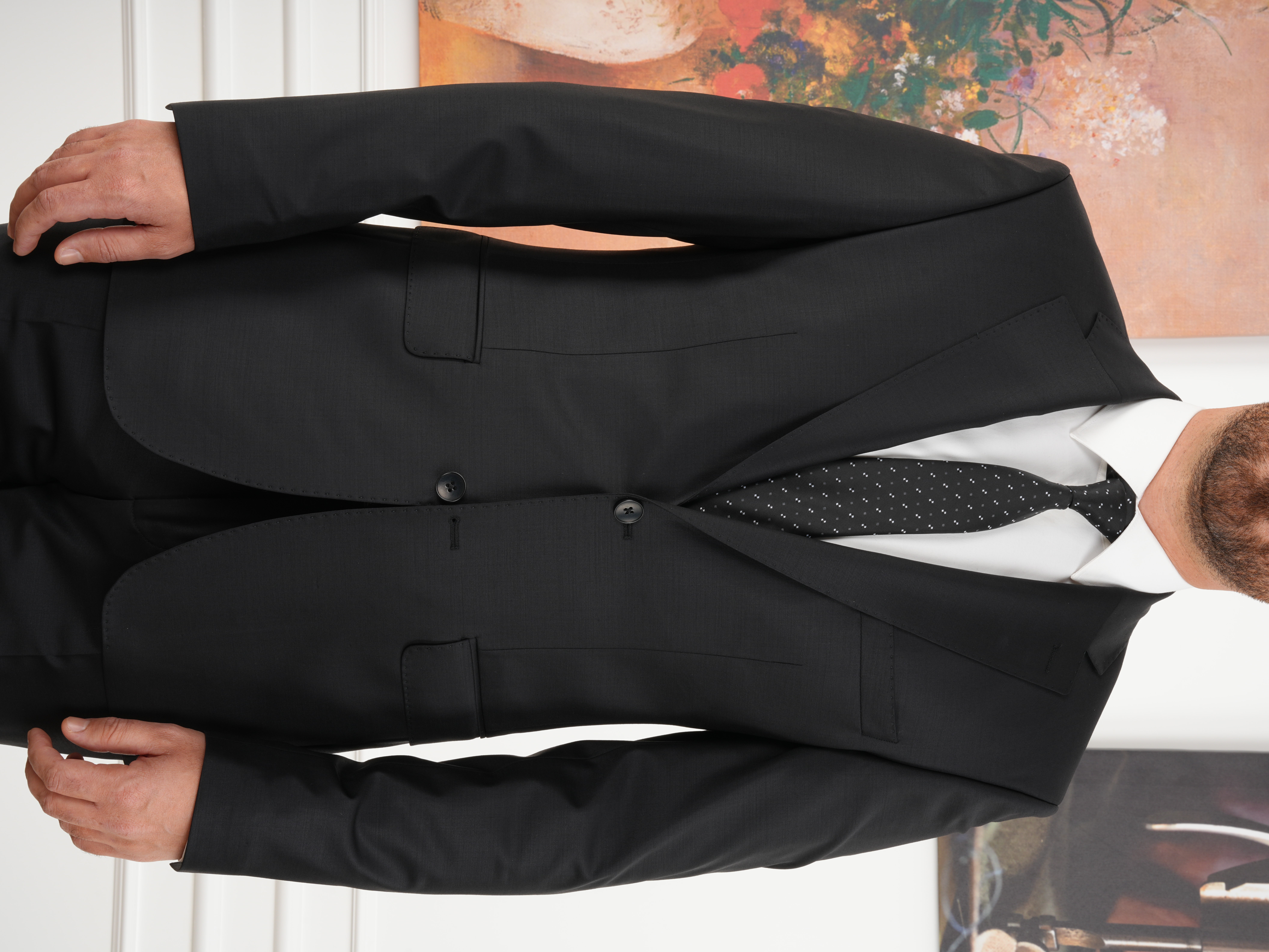 Erkek Regular İtalyan Stil Yünlü Mono Yaka Takım Elbise Ceket Pantolon - Siyah