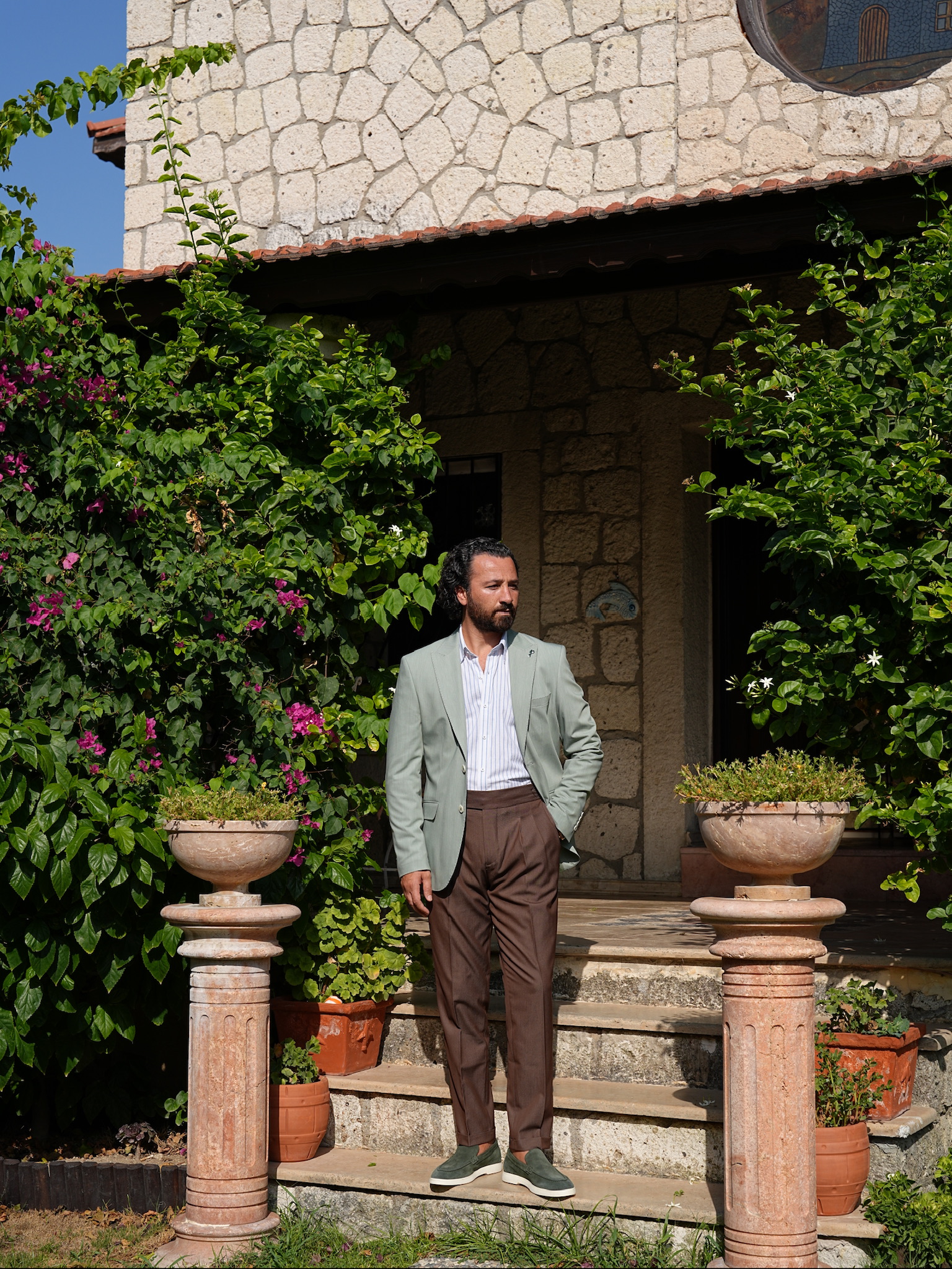 Erkek Premium İtalyan Stil Slim Fit Erkek Punto Dikişli Torba Cepli Yarım Astarlı Ceket - Su Yeşili