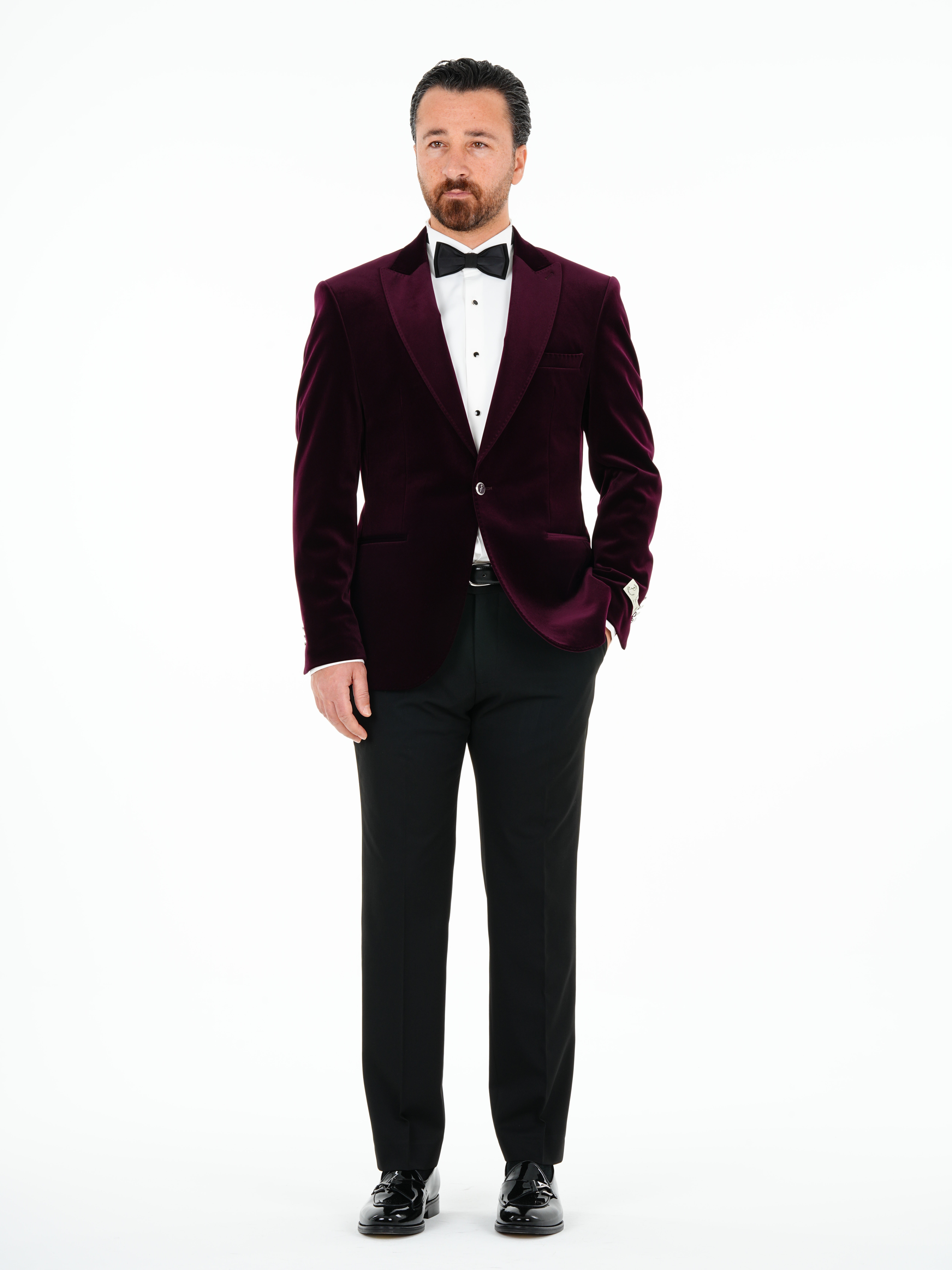 Premium Erkek Kadife Smokin Damatlık Gümüş Düğme Punto Dikişli Ceket Pantolon Papyon - Mor