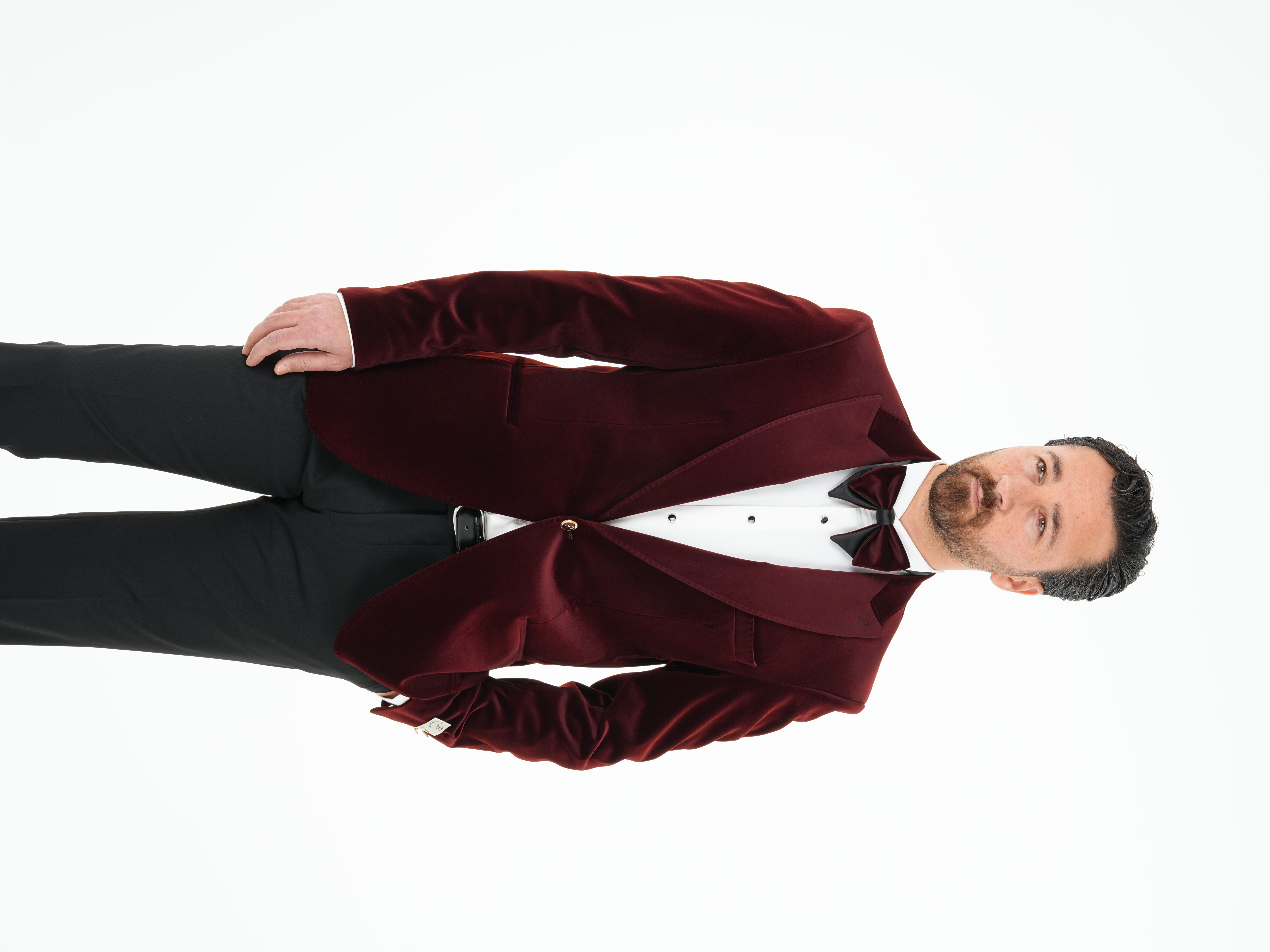 Premium Erkek Kadife Smokin Damatlık Gold Düğme Punto Dikişli Ceket Pantolon Papyon - Bordo