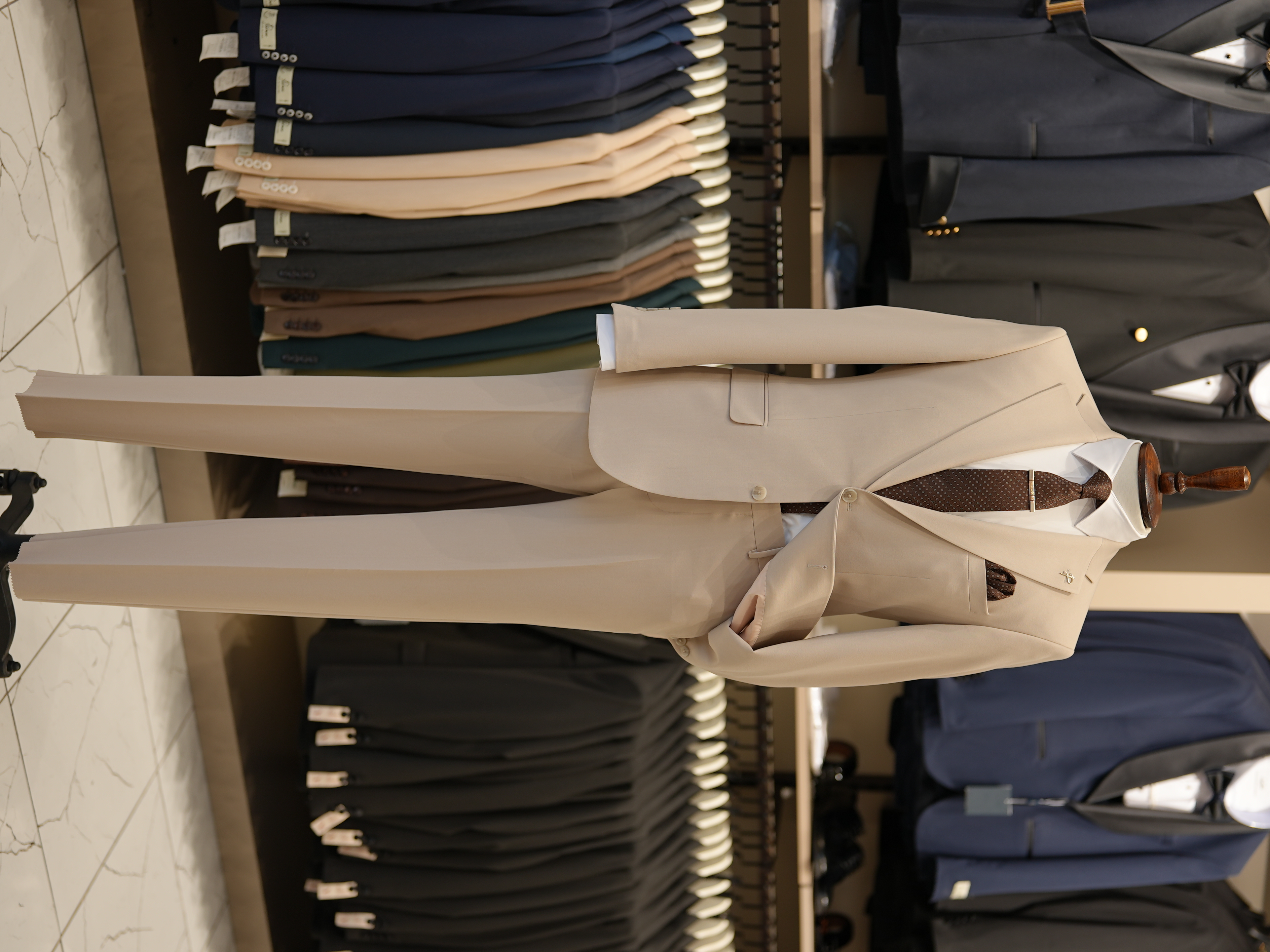 Erkek Slim Fit İtalyan Stil Mono Yaka  Kruvaze Takım Elbise - Ceket Pantolon - Bej